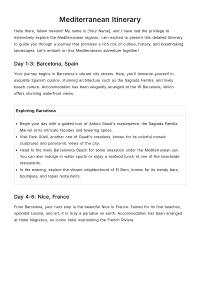 Free Mediterranean Itinerary Template to Edit Online
