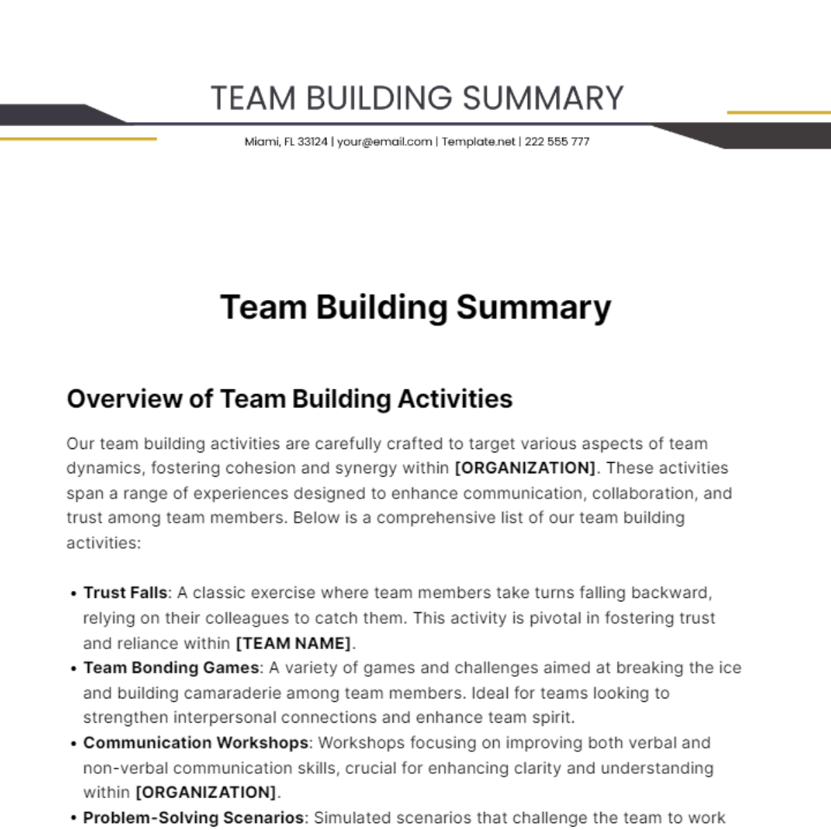 Team Building Summary Template
