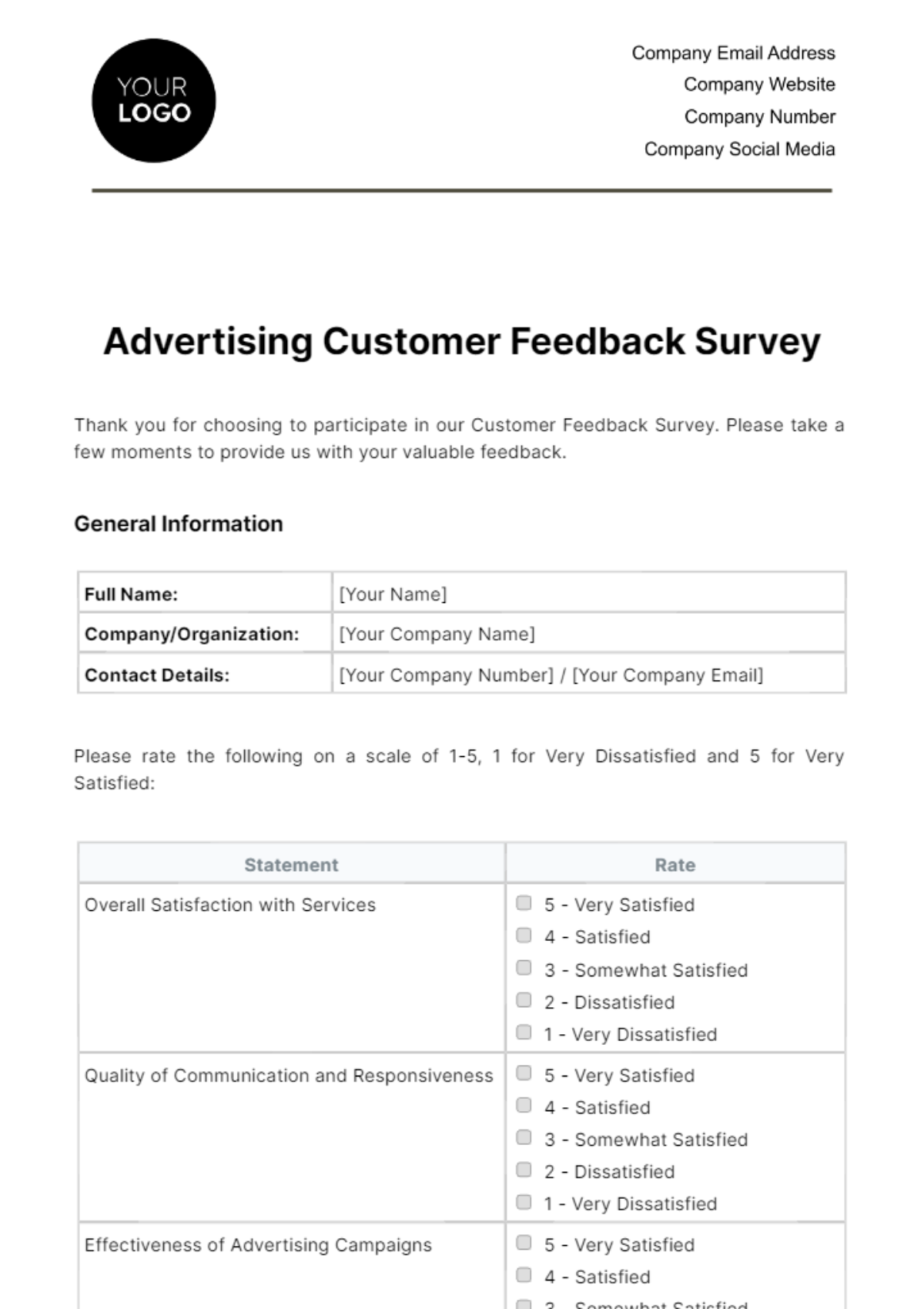 Free Advertising Customer Feedback Survey Template