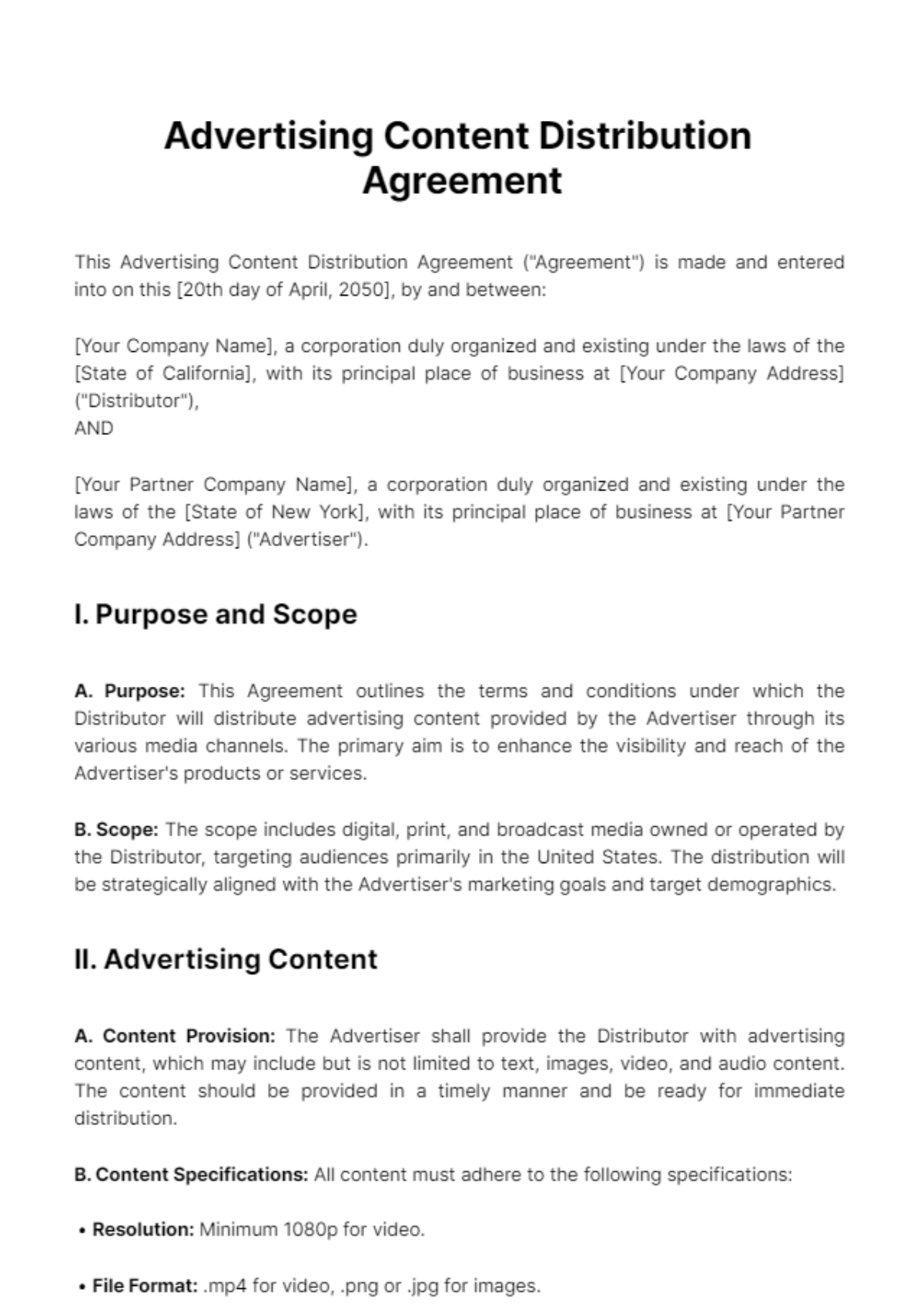 Advertising Content Distribution Agreement Template