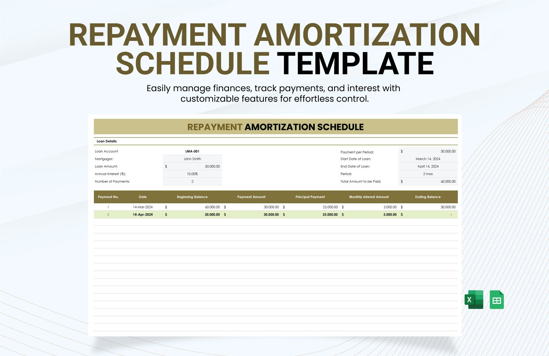 Repayment Amortization Schedule Template in Excel, Google Sheets