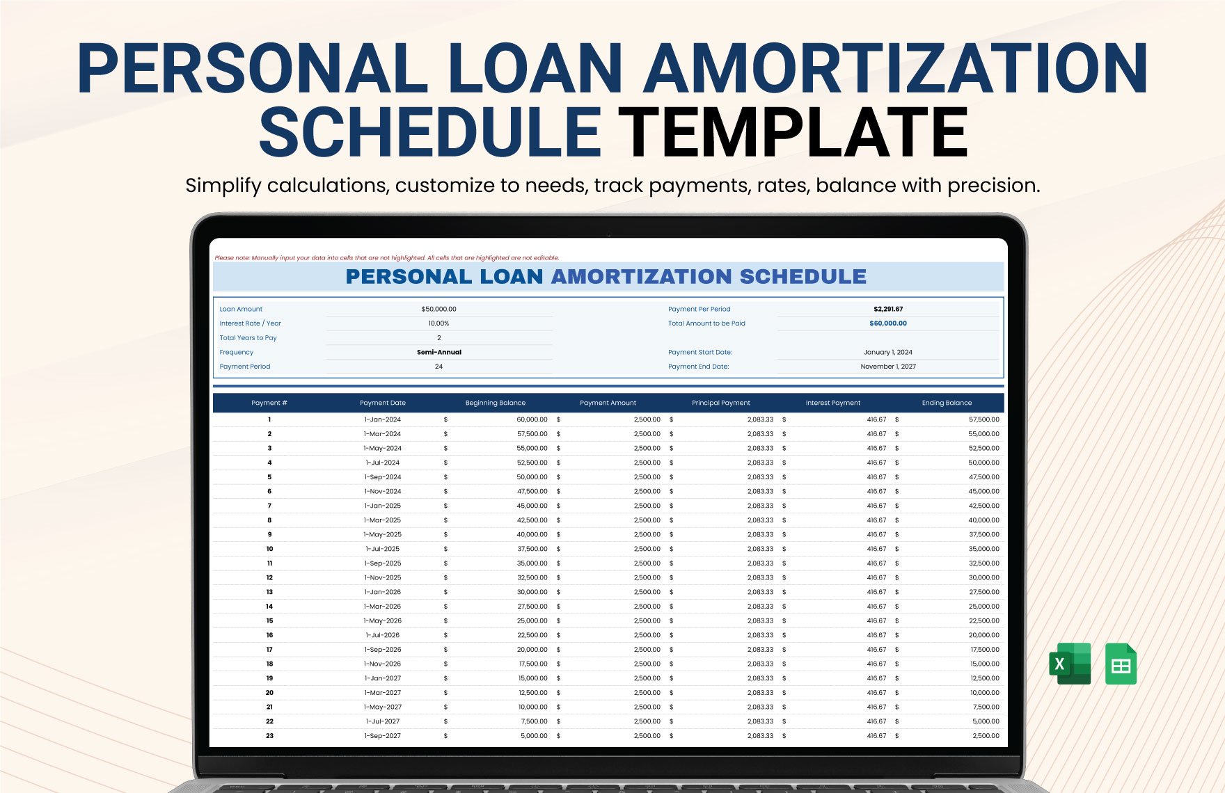 Personal Loan Amortization Schedule Template in Excel, Google Sheets