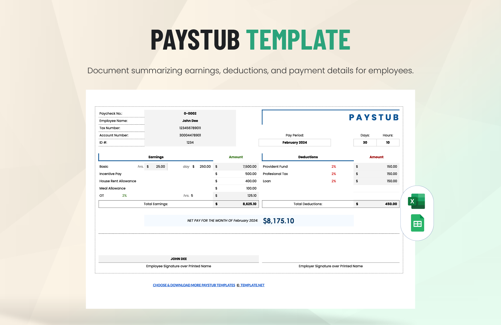 Free Paystub Template in Excel, Google Sheets