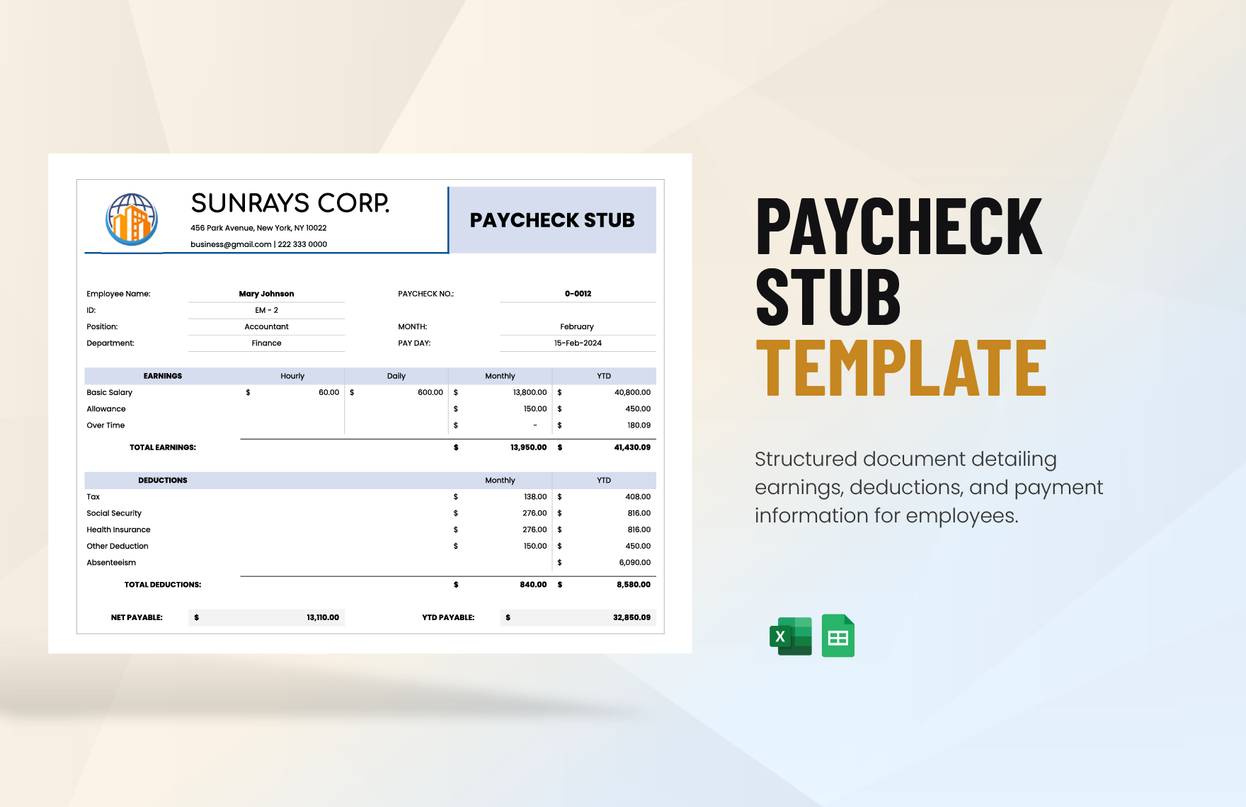 Paycheck Stub Template in Excel, Google Sheets