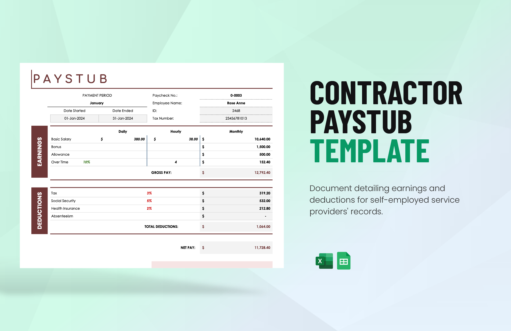 Contractor Paystub Template in Excel, Google Sheets