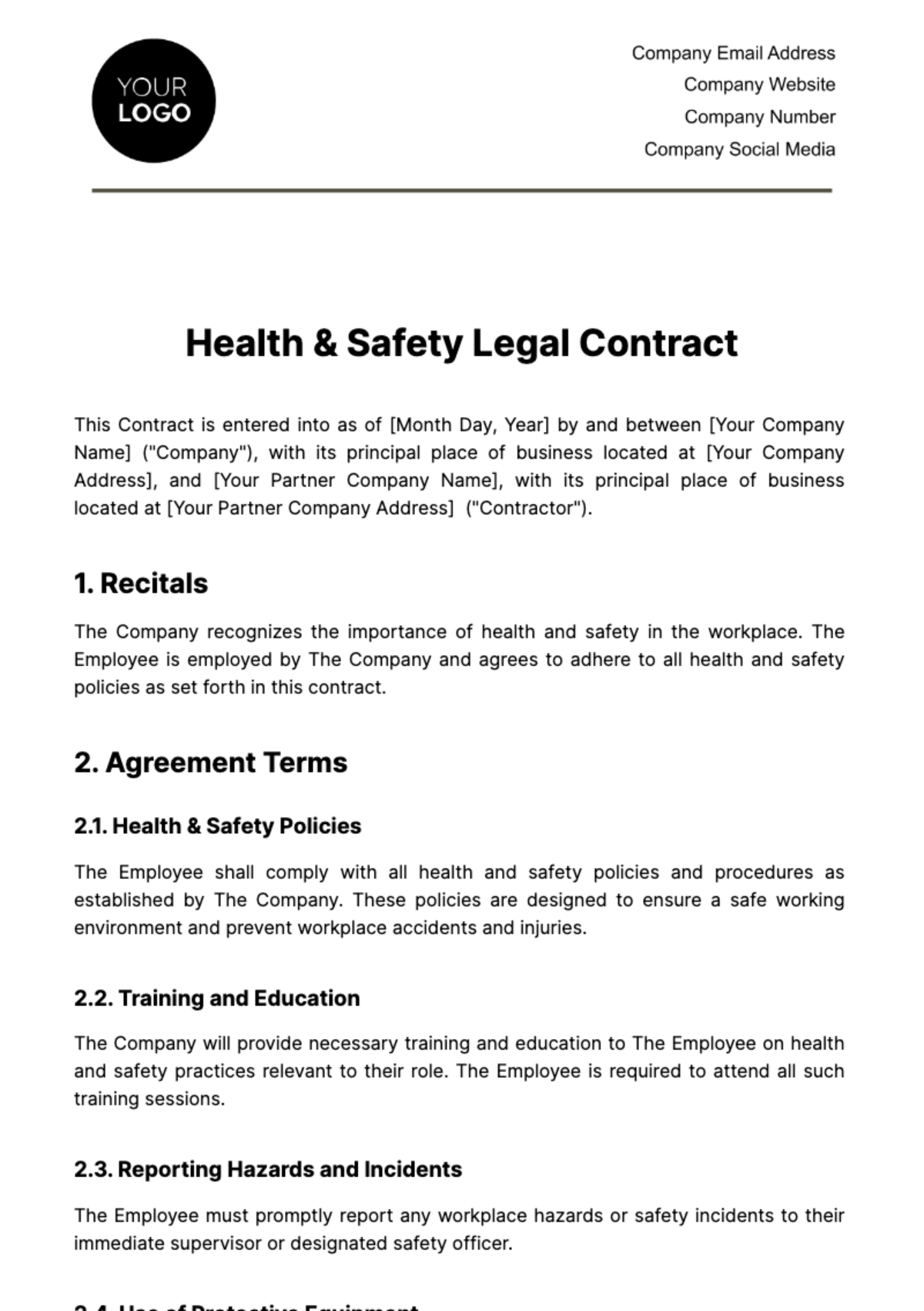 Health & Safety Legal Contract Template