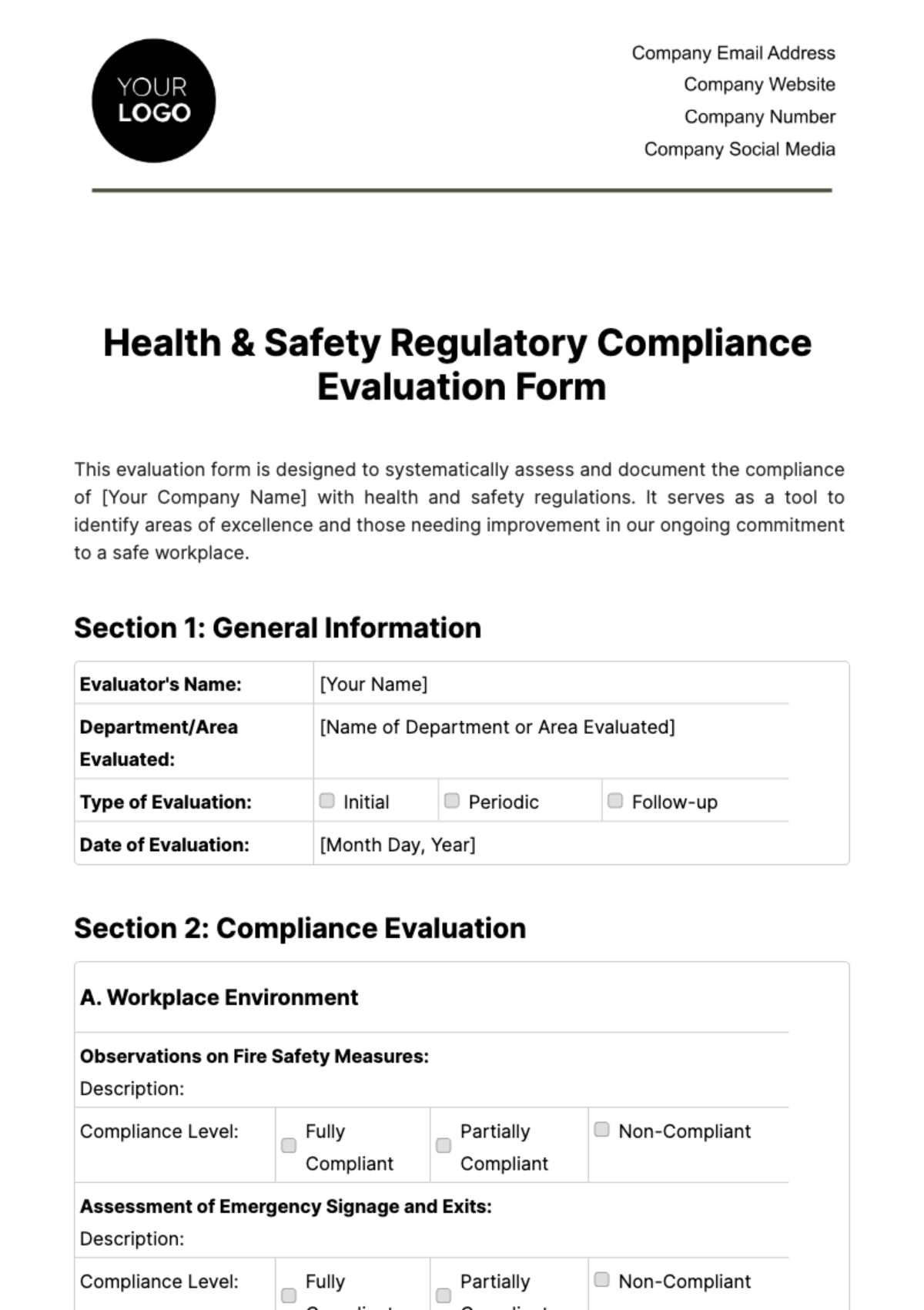 Health & Safety Regulatory Compliance Evaluation Form Template - Edit Online & Download