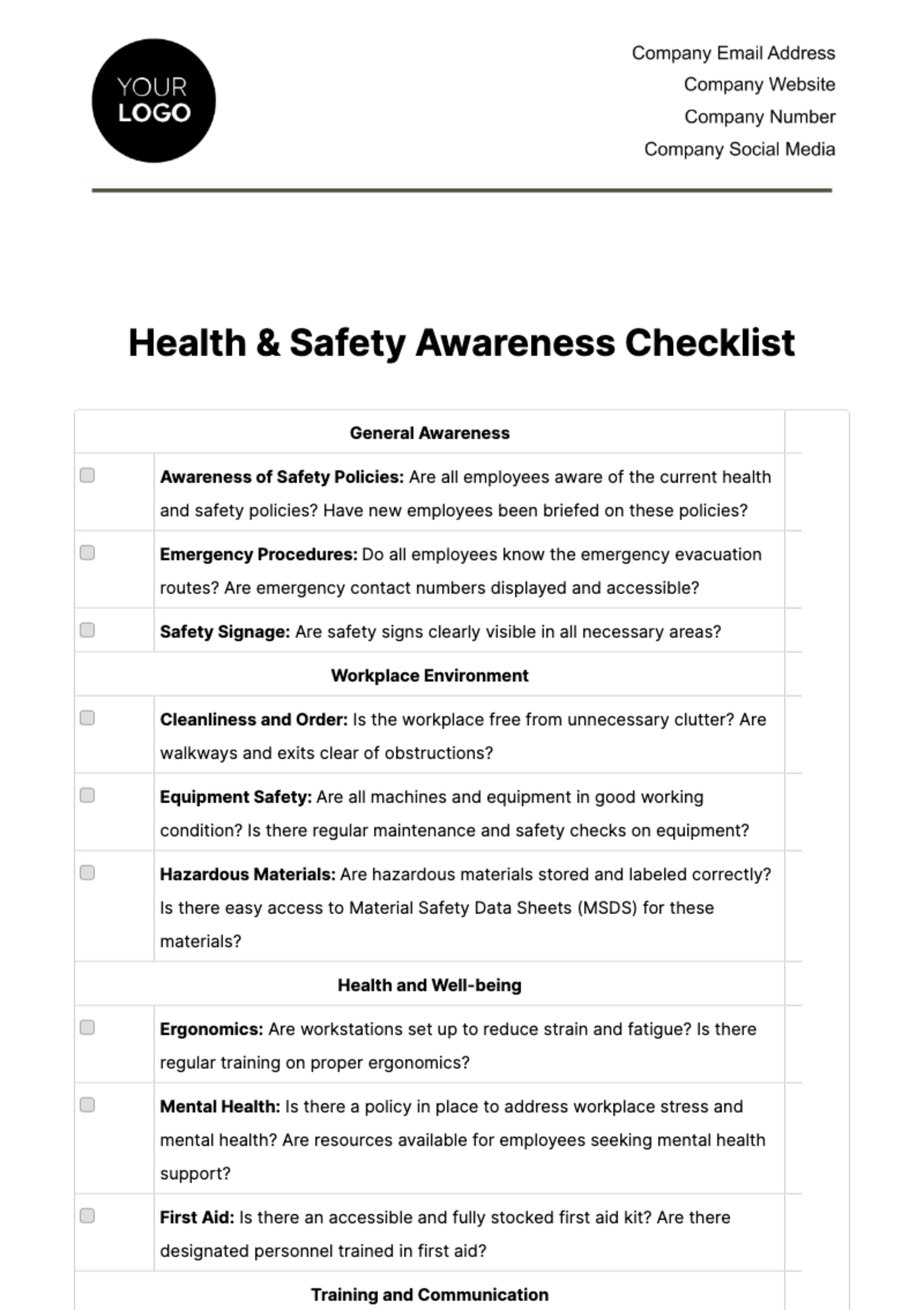 Health & Safety Awareness Checklist Template