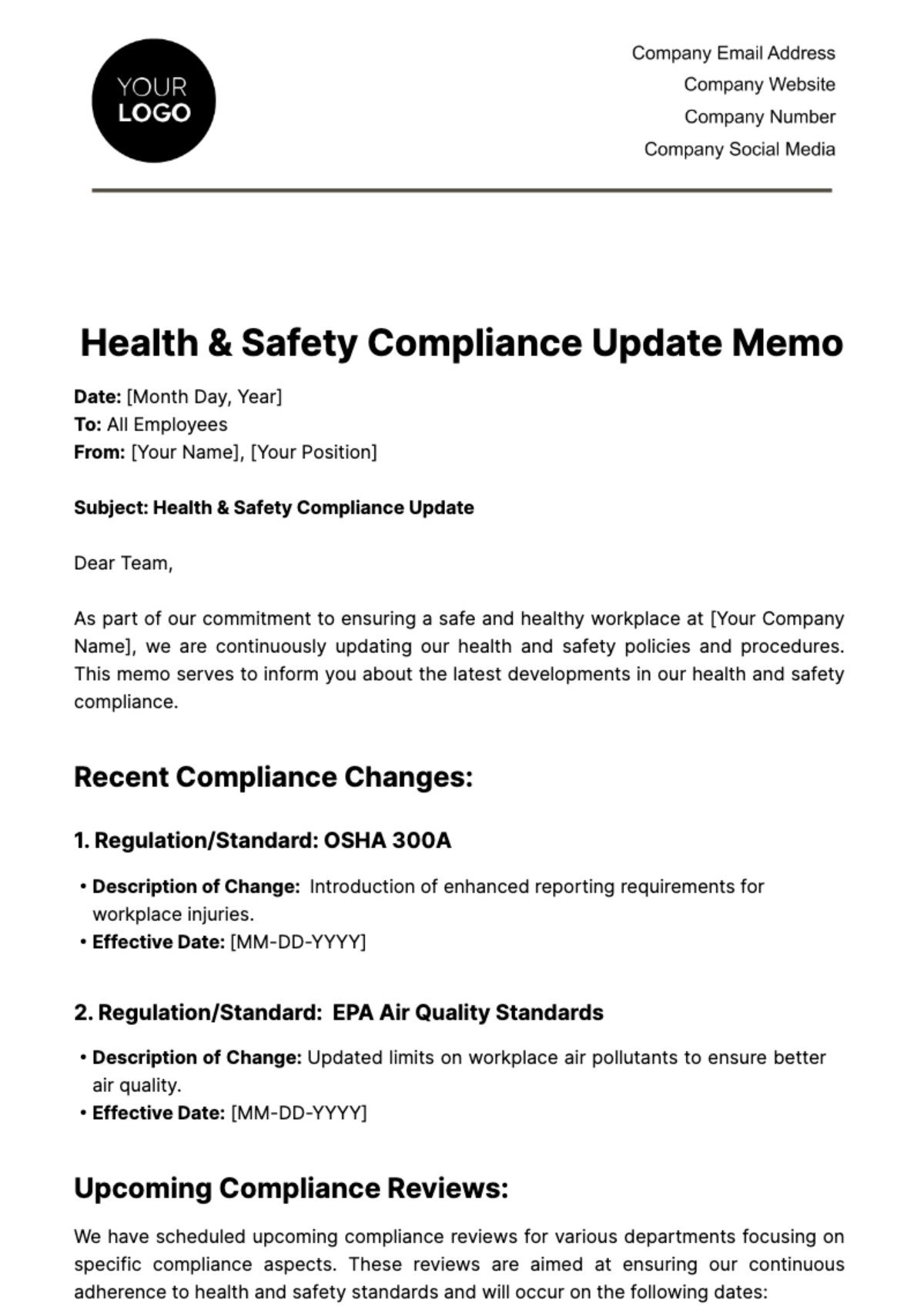 Health & Safety Compliance Update Memo Template