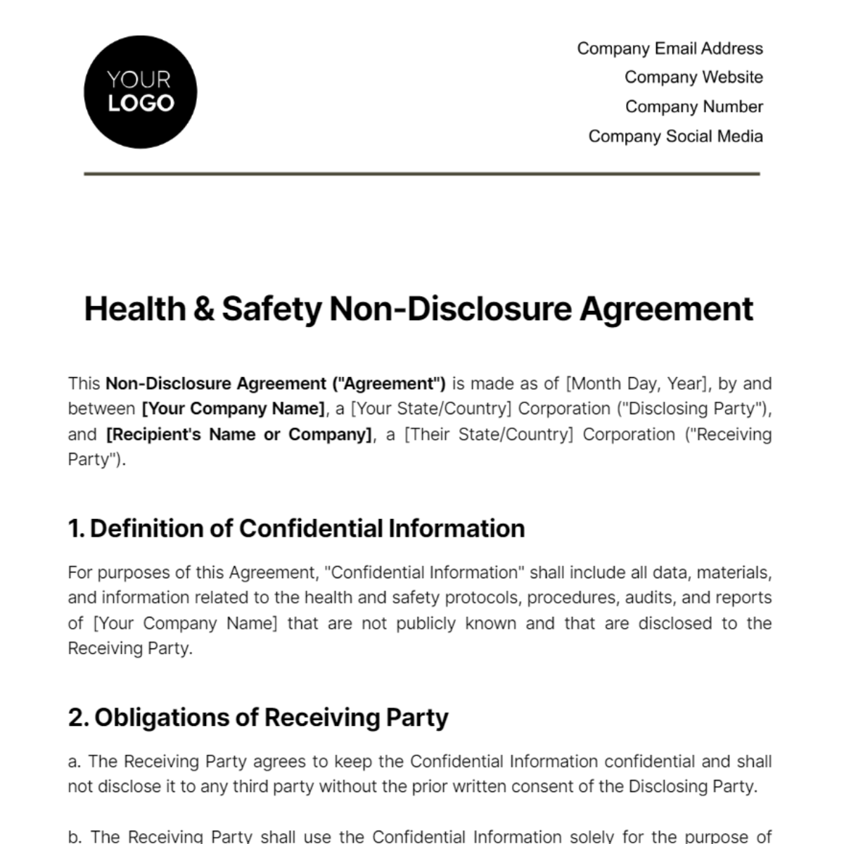 Health & Safety Non-Disclosure Agreement Template - Edit Online ...