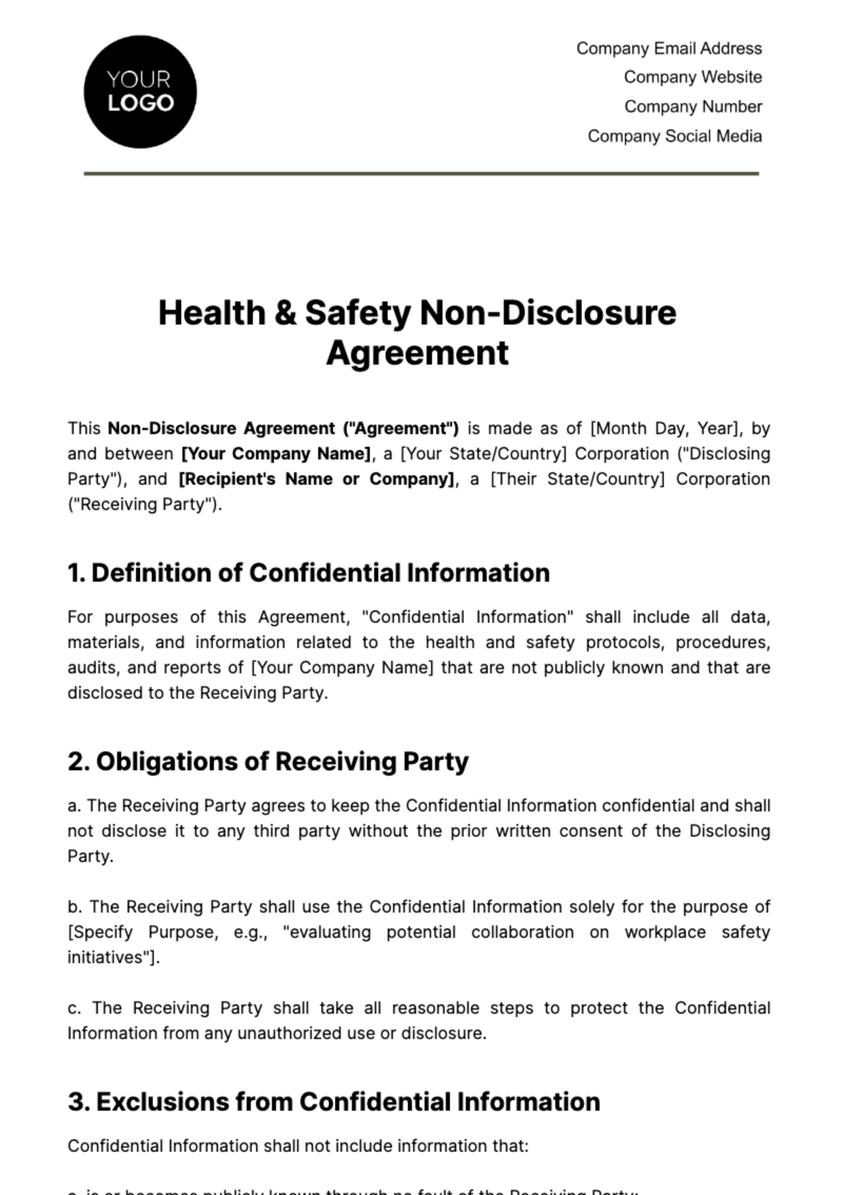 Health & Safety Non-Disclosure Agreement Template