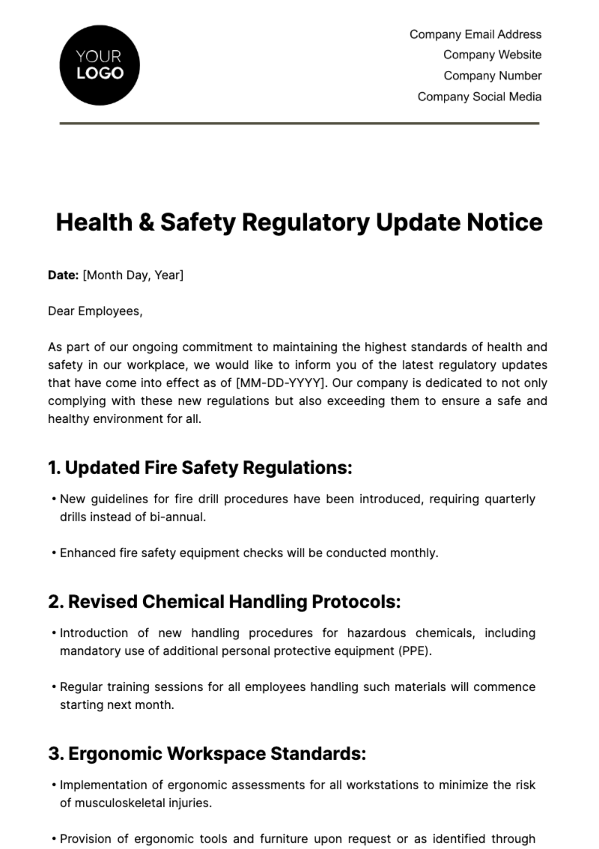Health & Safety Regulatory Update Notice Template