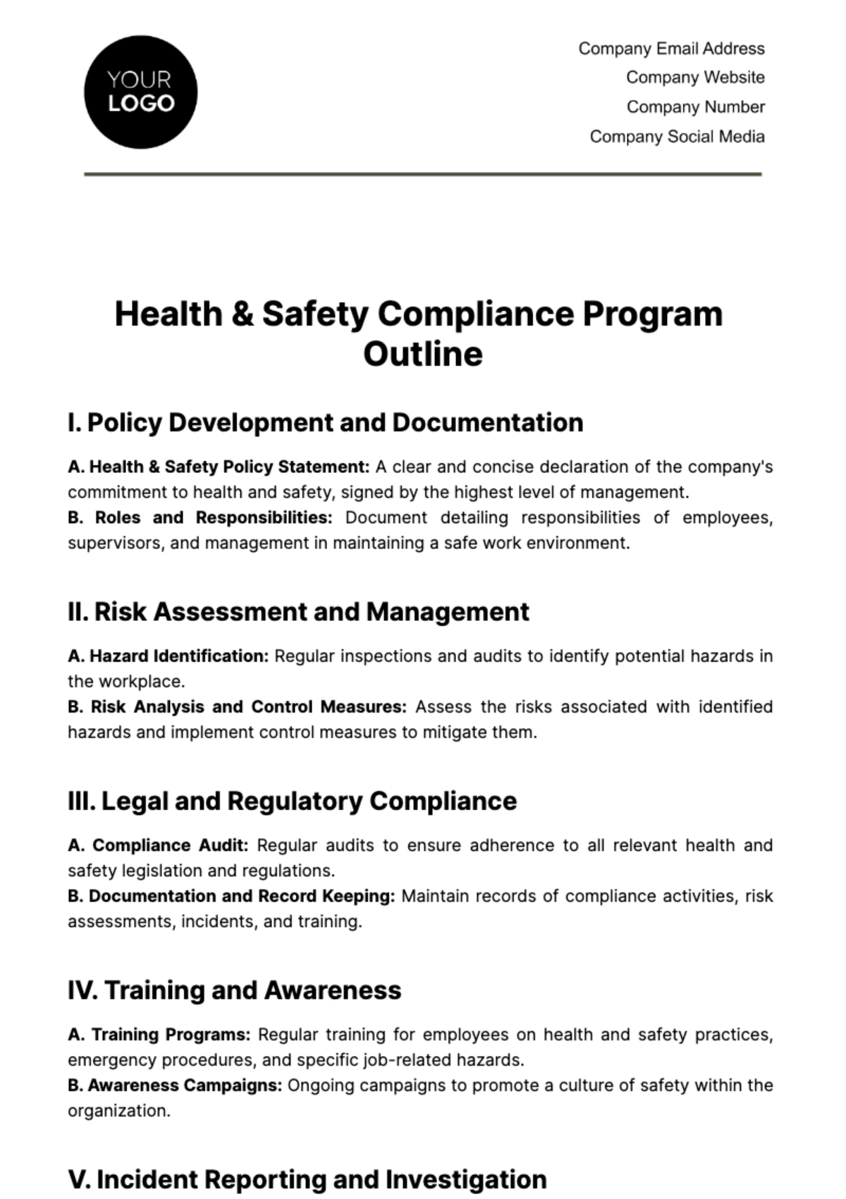 Health & Safety Compliance Program Outline Template