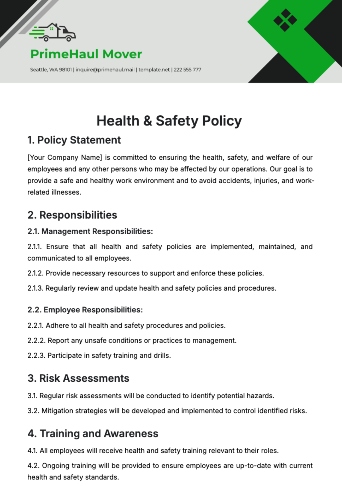 Free Health & Safety Safety Policy Template