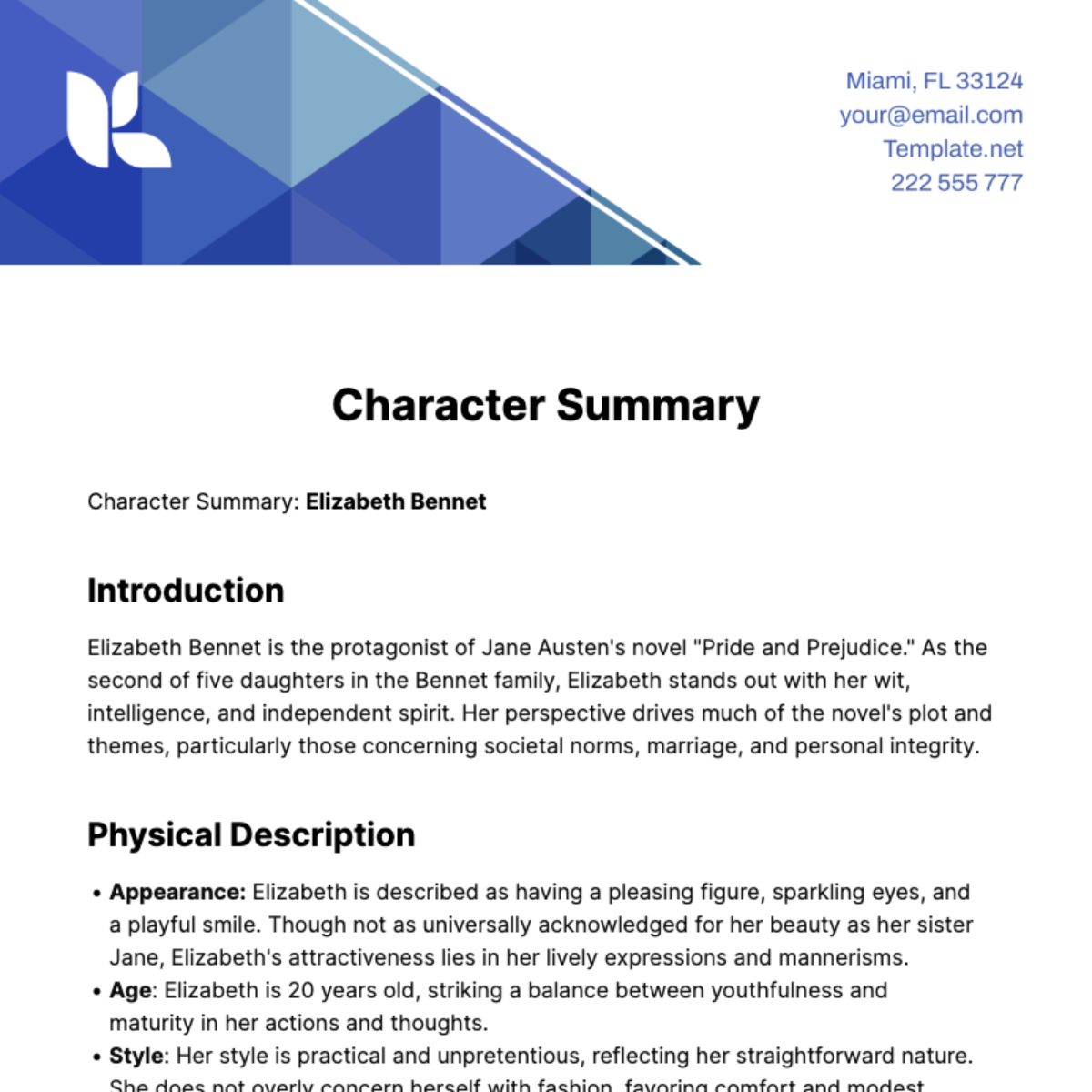 Character Summary Template
