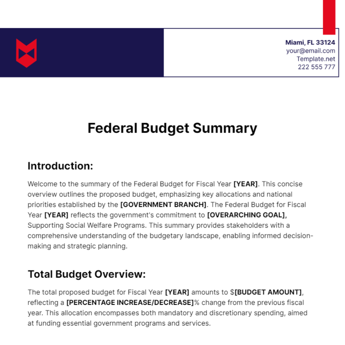 Federal Budget Summary Template