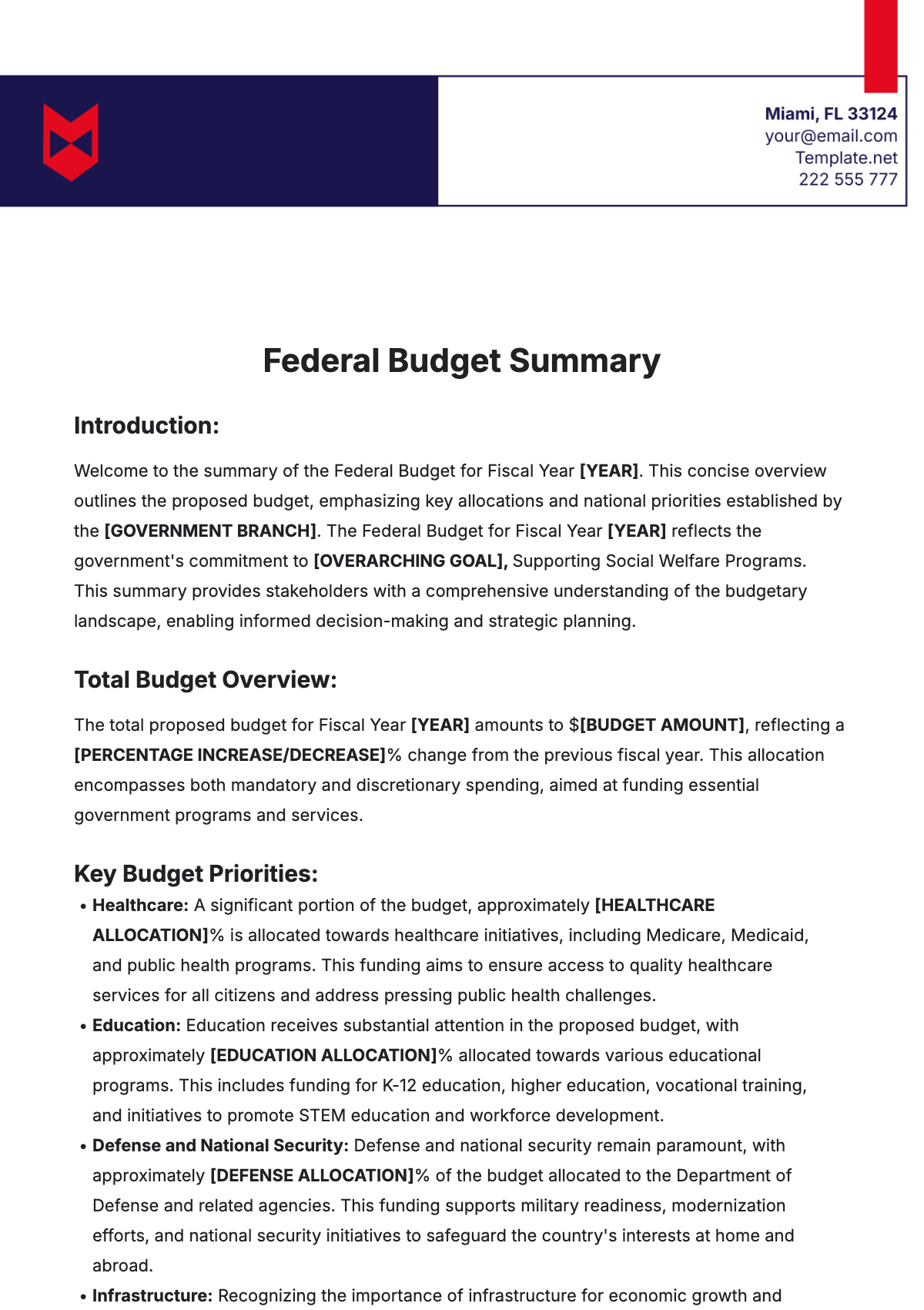 Federal Budget Summary Template - Edit Online & Download