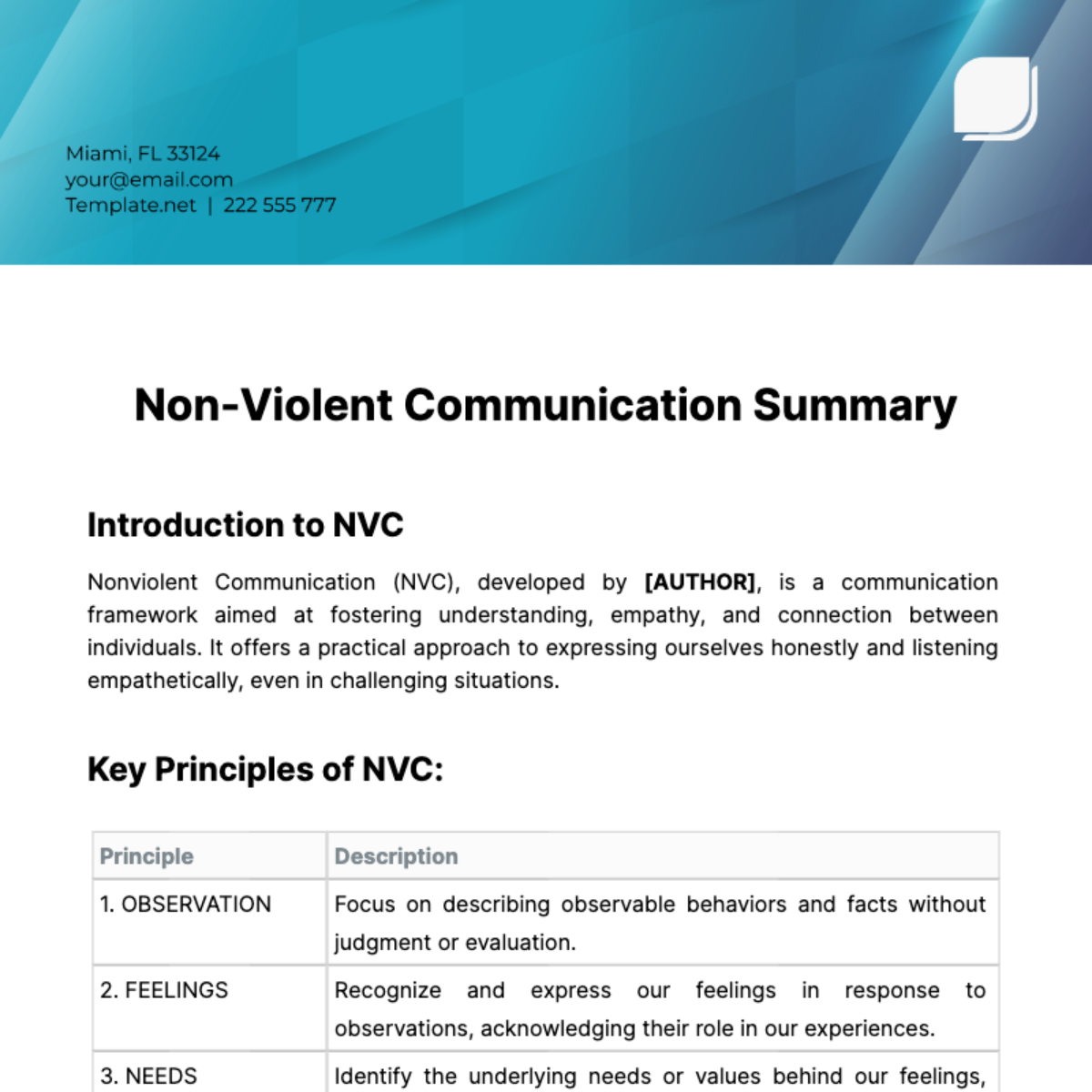 Non Violent Communication Summary Template