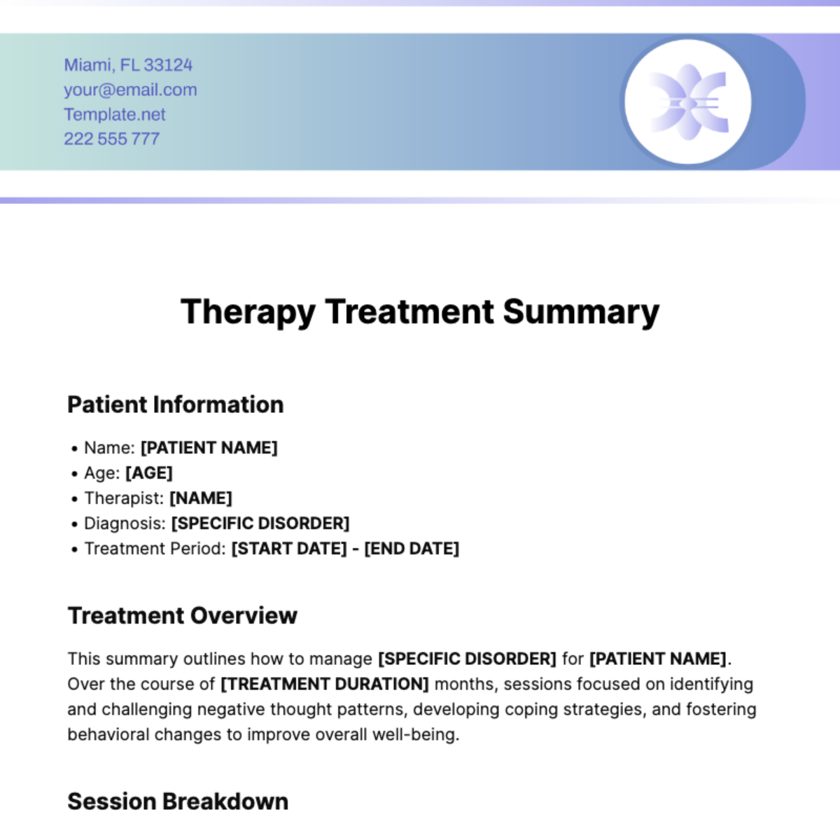 Therapy Treatment Summary Template