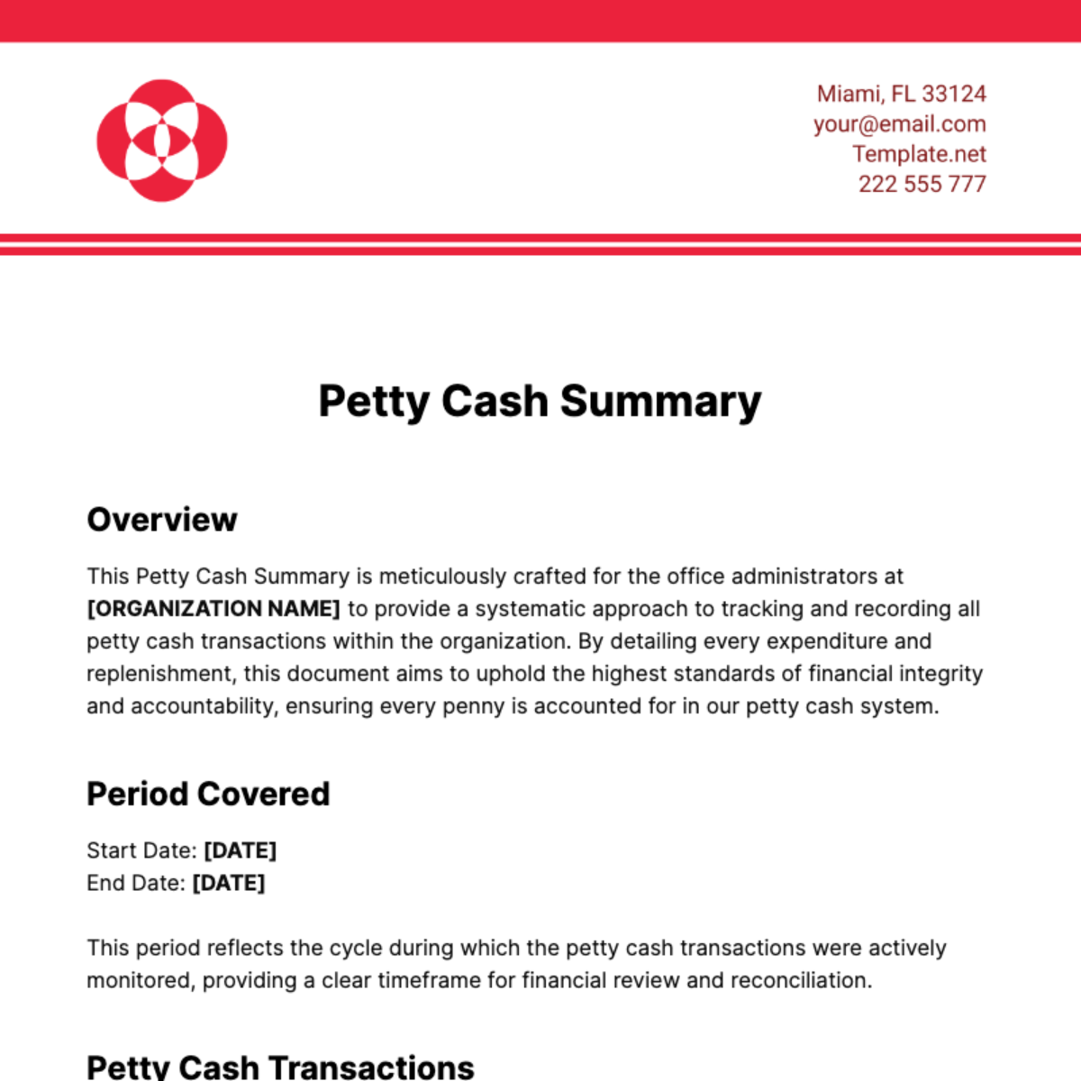 Petty Cash Summary Template