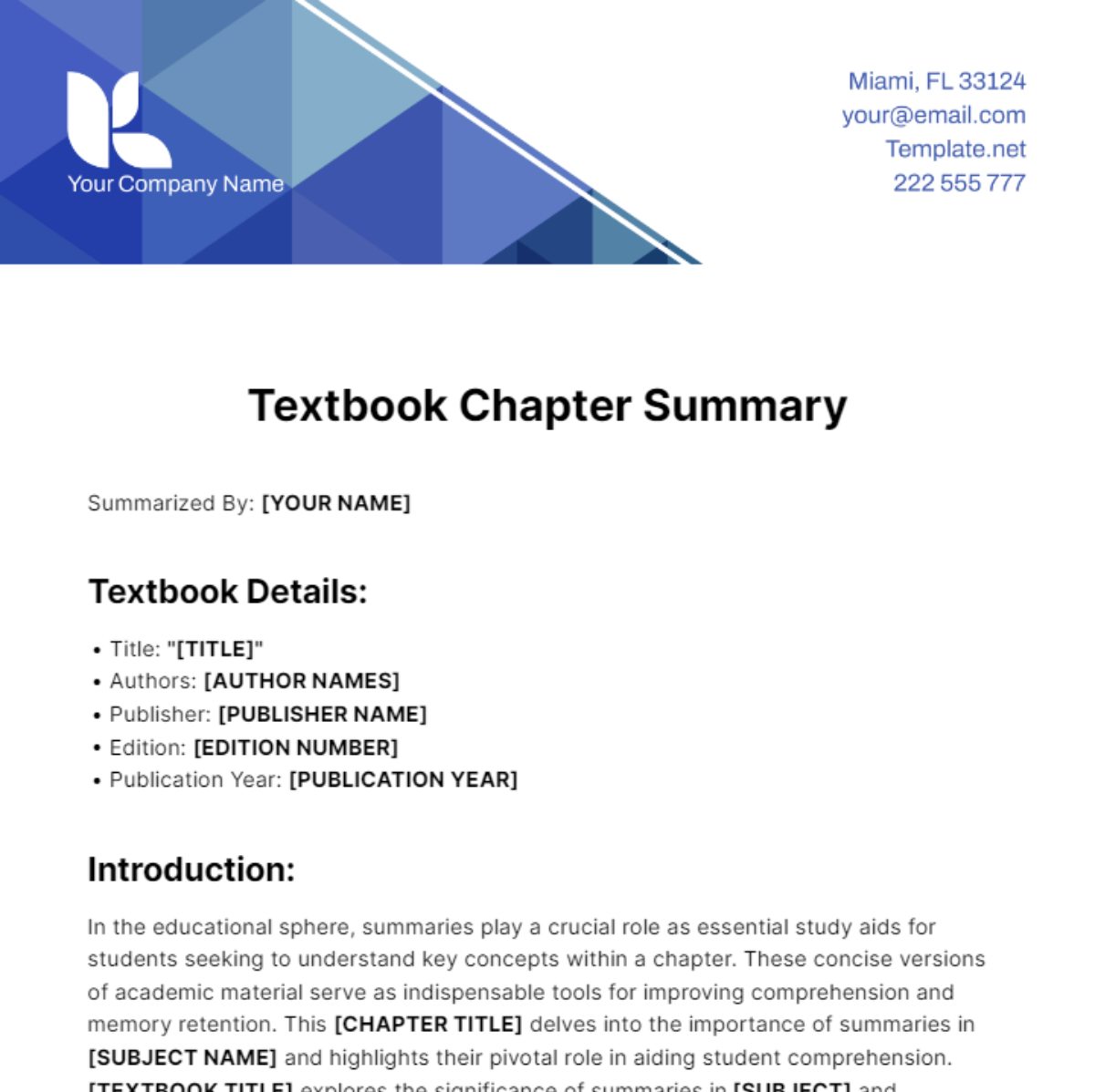 Textbook Chapter Summary Template