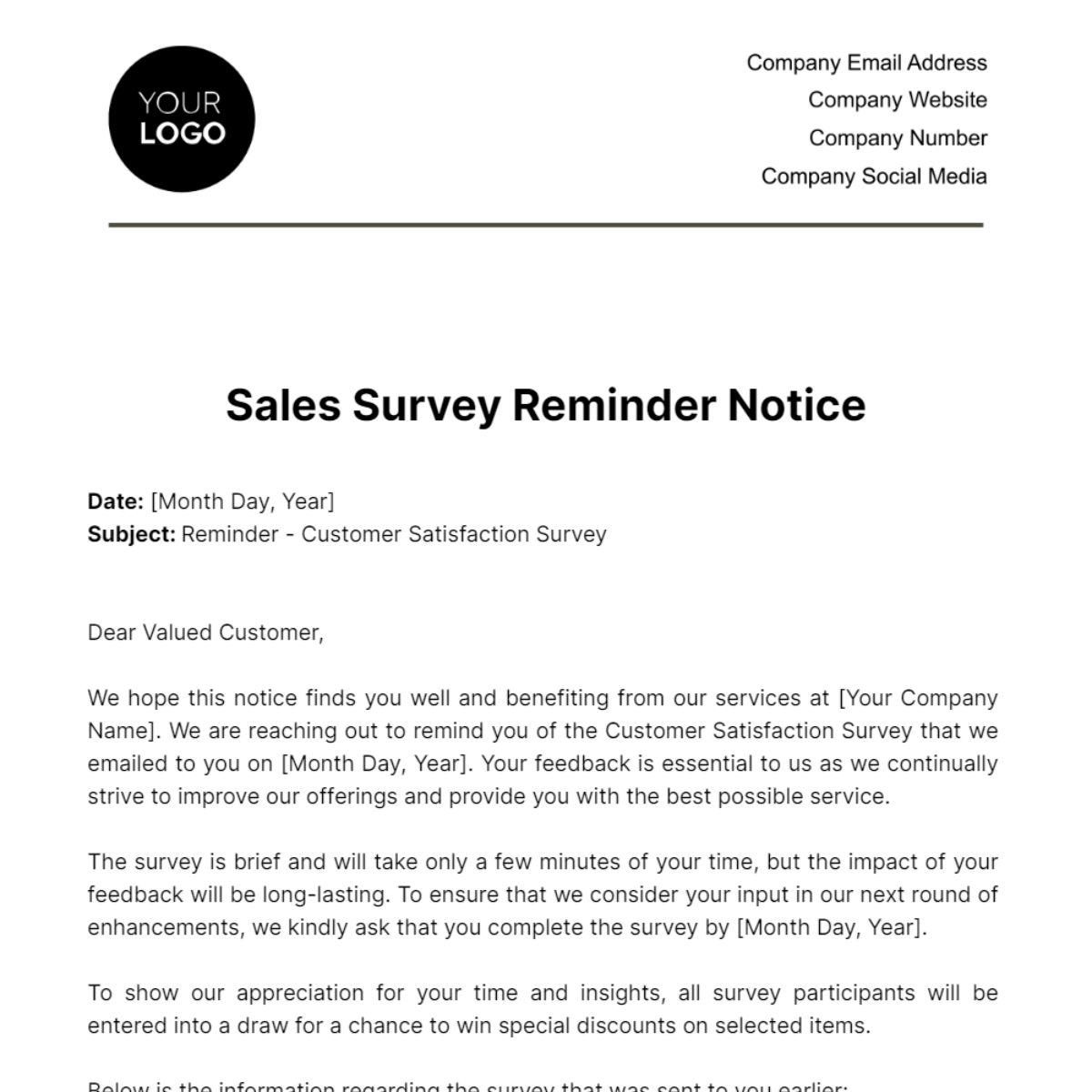 Sales Survey Reminder Notice Template