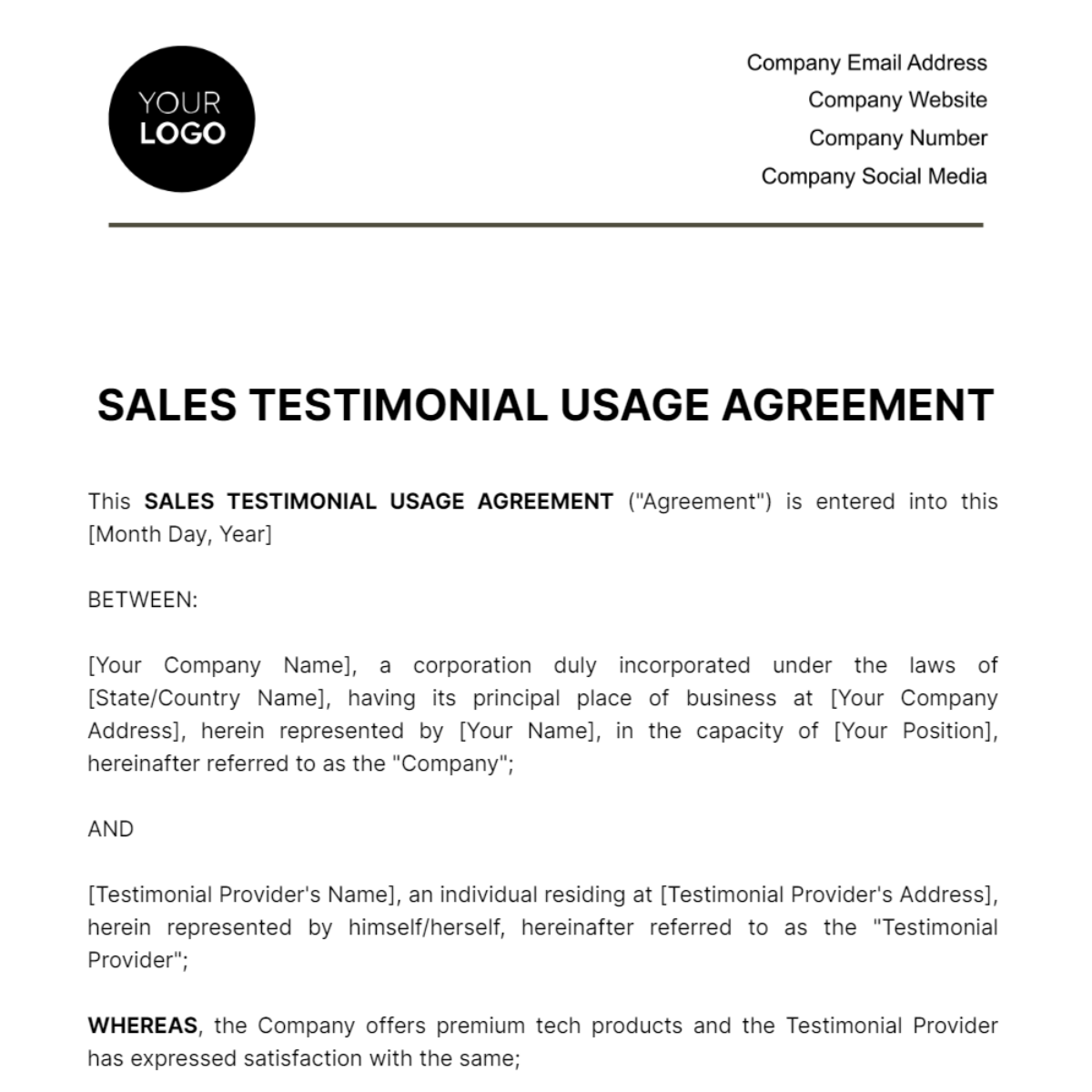 Free Sales Testimonial Usage Agreement Template