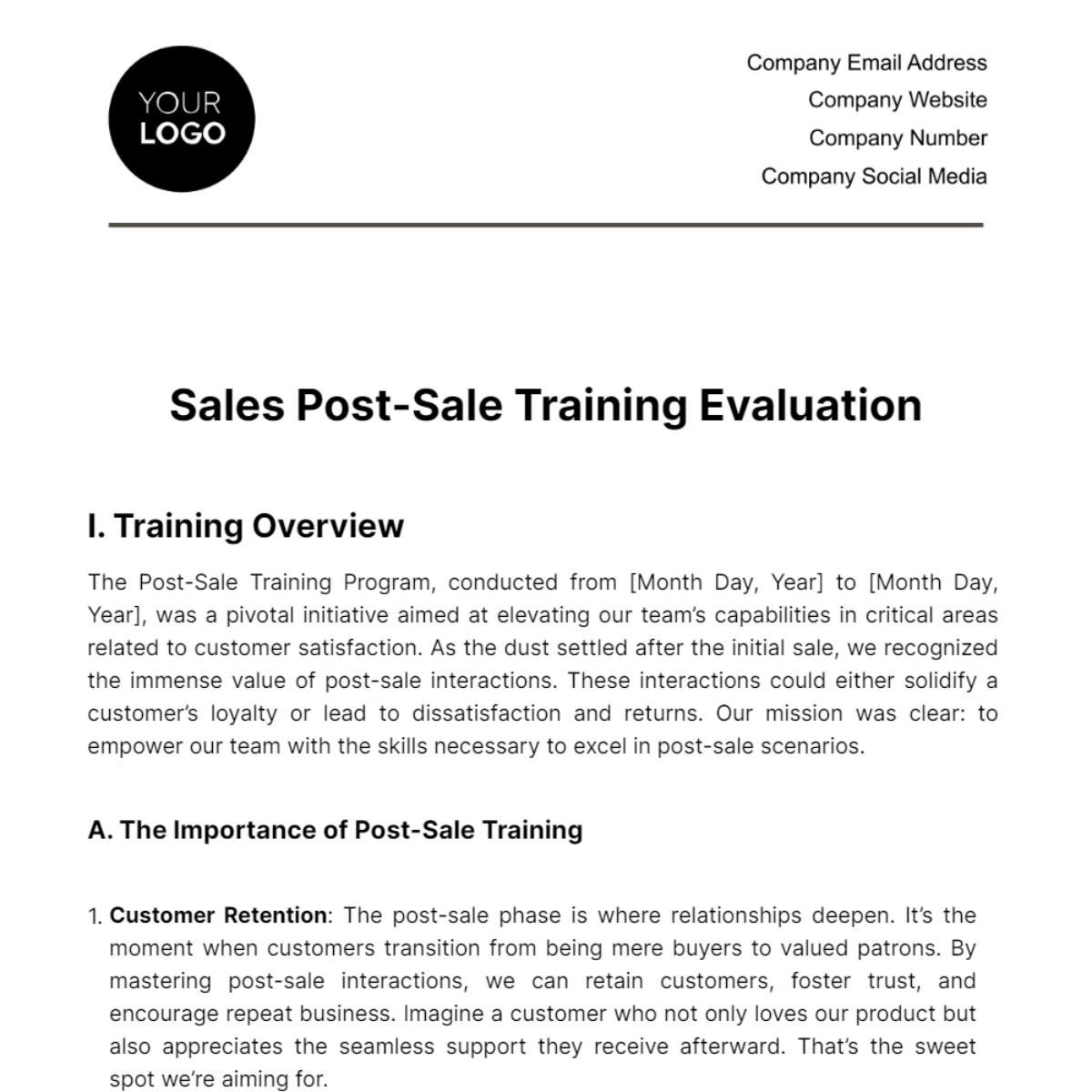 Free Sales Post-Sale Training Evaluation Template