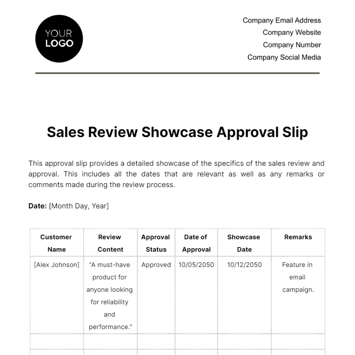 Free Sales Review Showcase Approval Slip Template