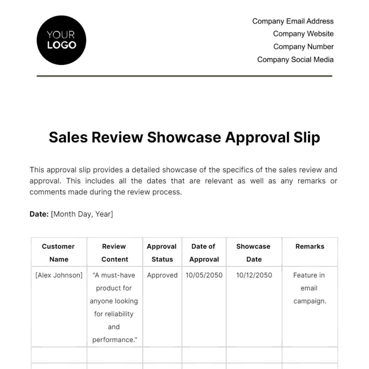 Sales Review Showcase Approval Slip Template