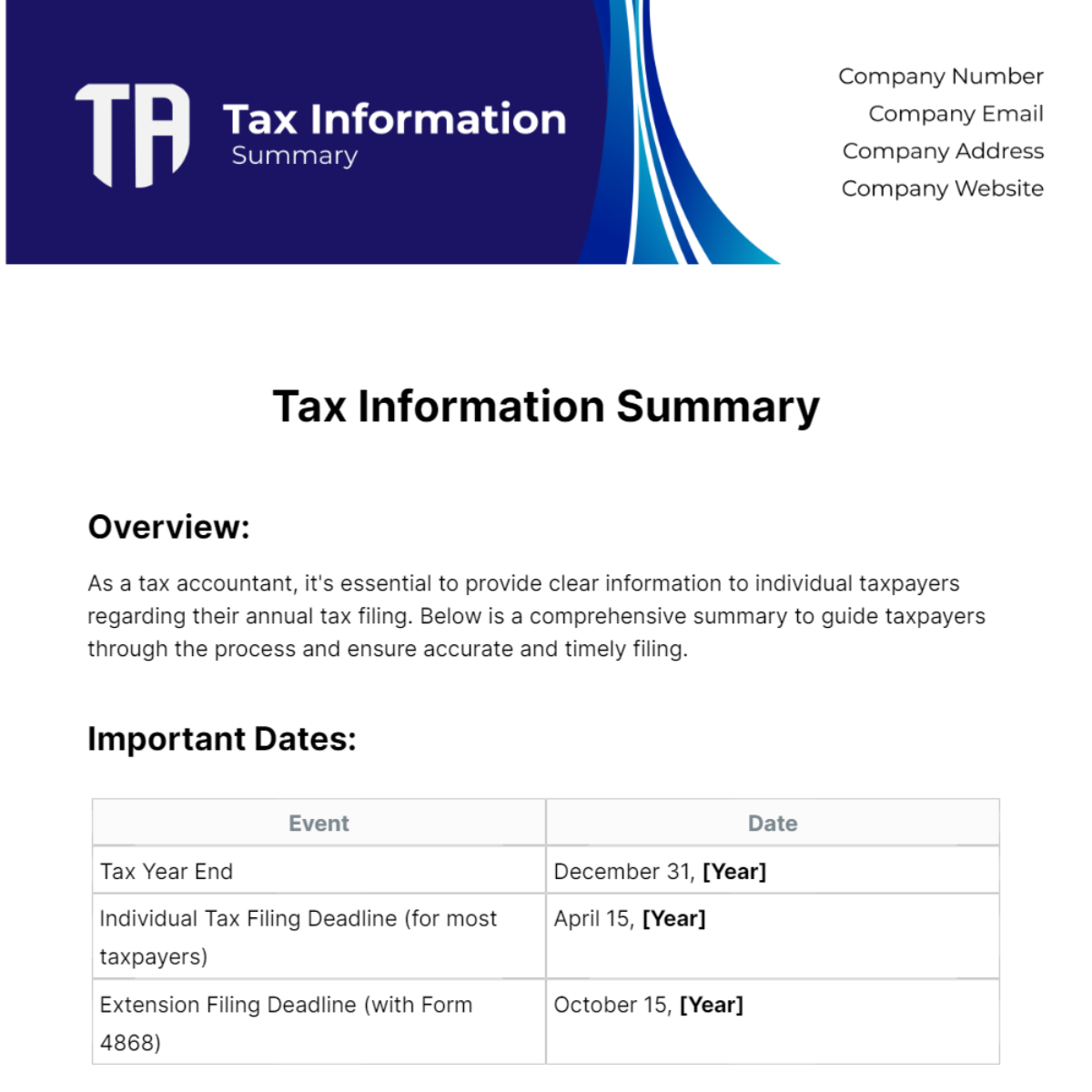 Free Tax Information Summary Template