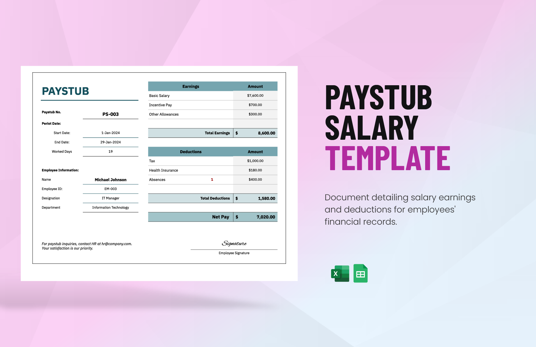 Paystub Salary Template in Excel, Google Sheets