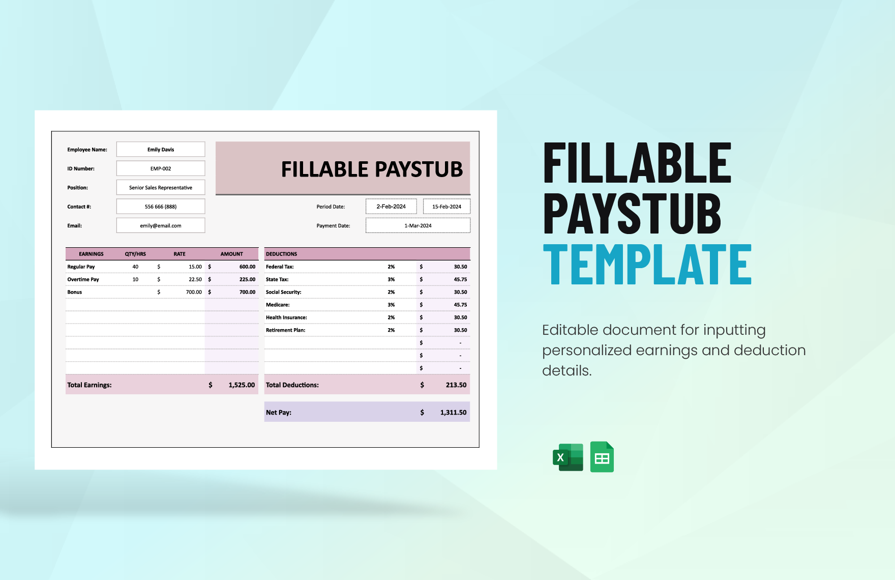 Fillable Paystub Template in Excel, Google Sheets