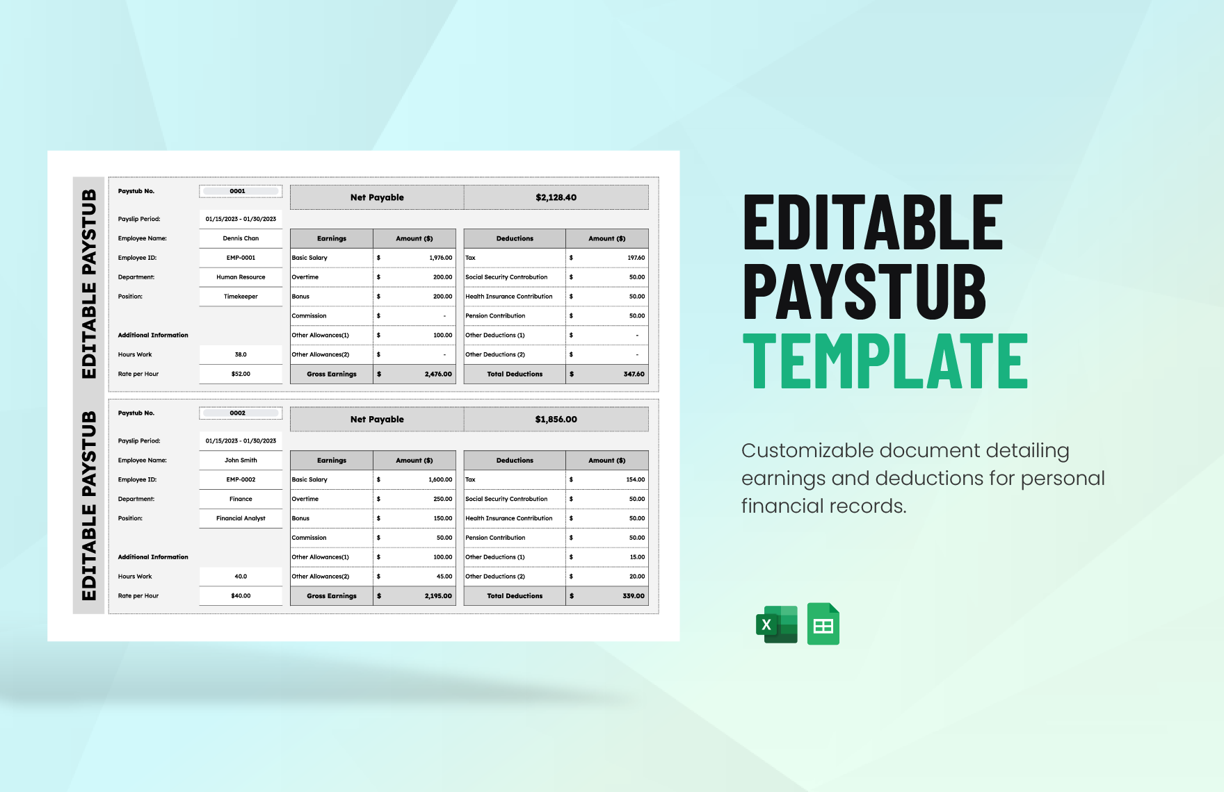 Editable Paystub Template in Excel, Google Sheets