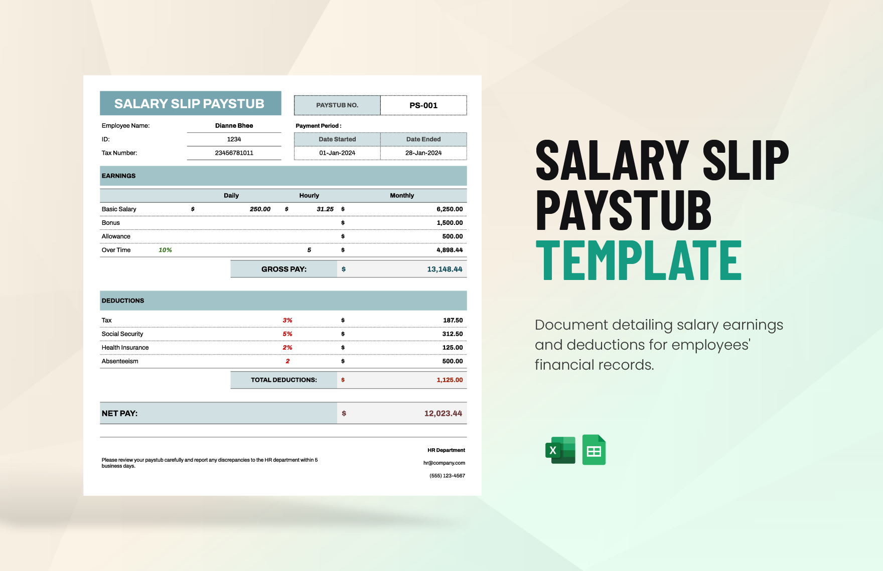 Salary Slip Paystub Template in Excel, Google Sheets