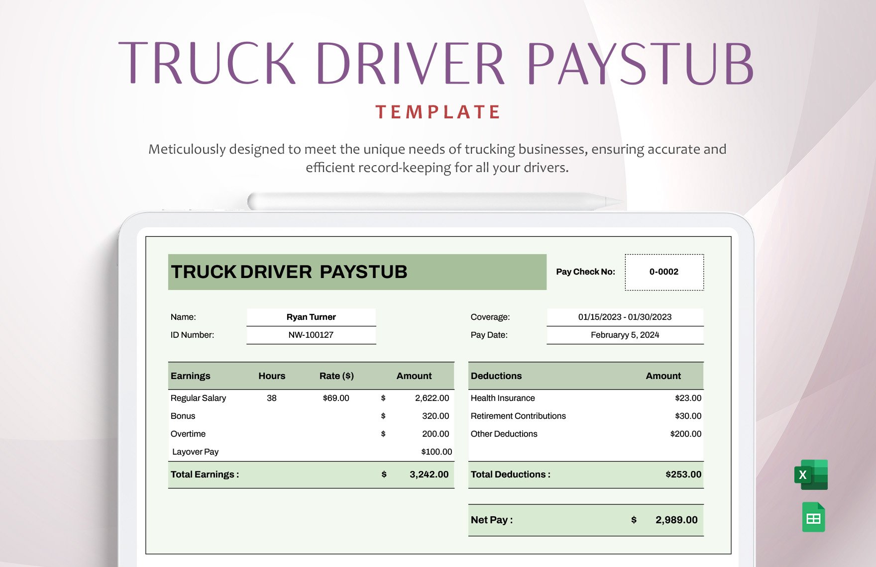 Truck Driver Paystub Template in Excel, Google Sheets