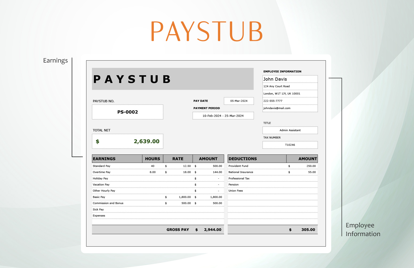 Payroll Check Paystub Template