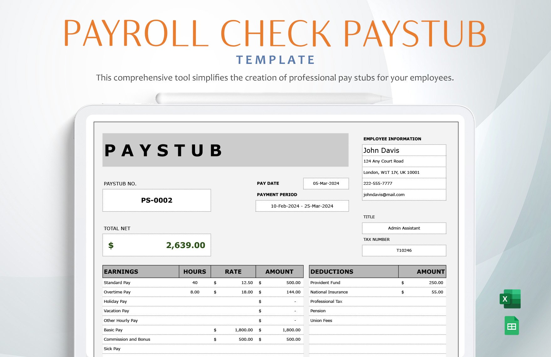 Payroll Check Paystub Template in Excel, Google Sheets