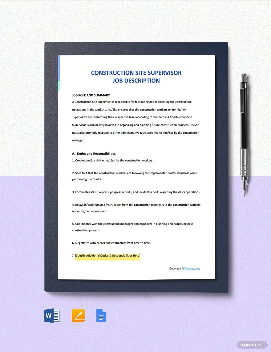 Construction Site Supervisor Job Ad Description Template Download In 