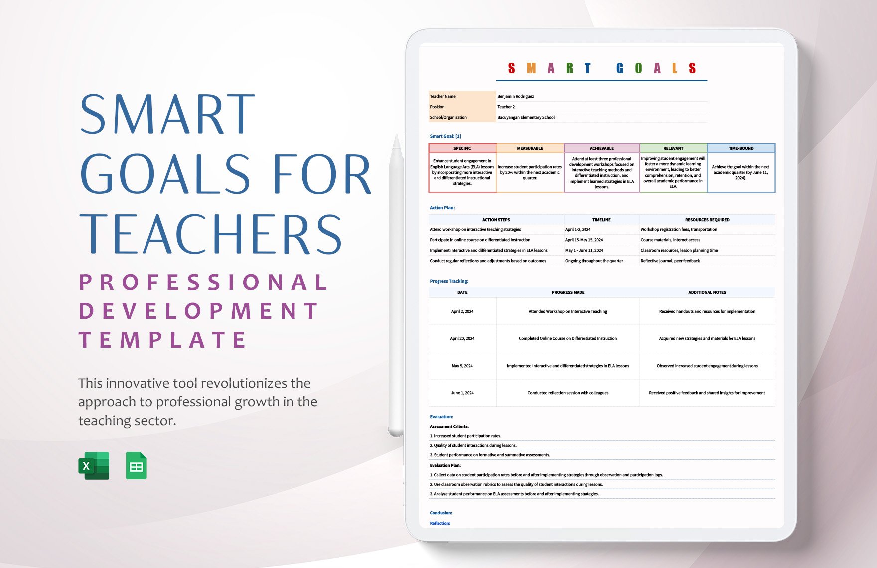 Smart Goals For Teachers Professional Development Template in Excel, Google Sheets