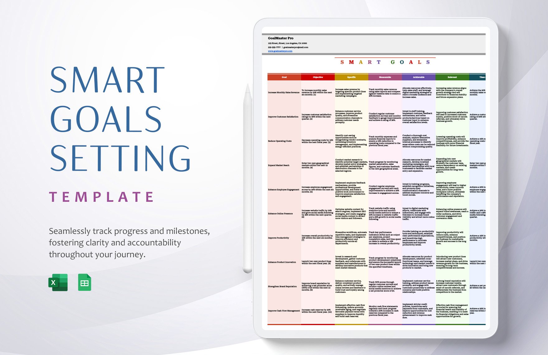 Smart Goals Setting Template in Excel, Google Sheets