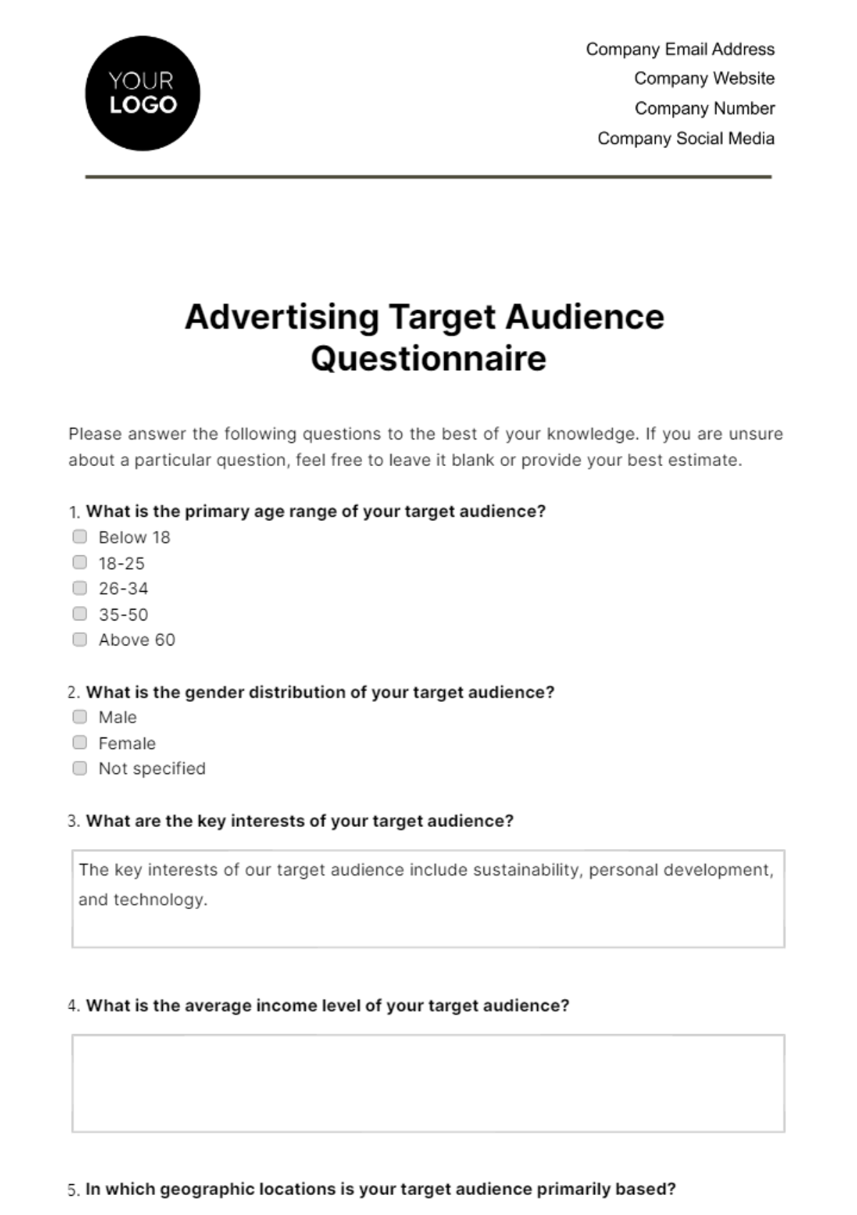 Advertising Target Audience Questionnaire Template