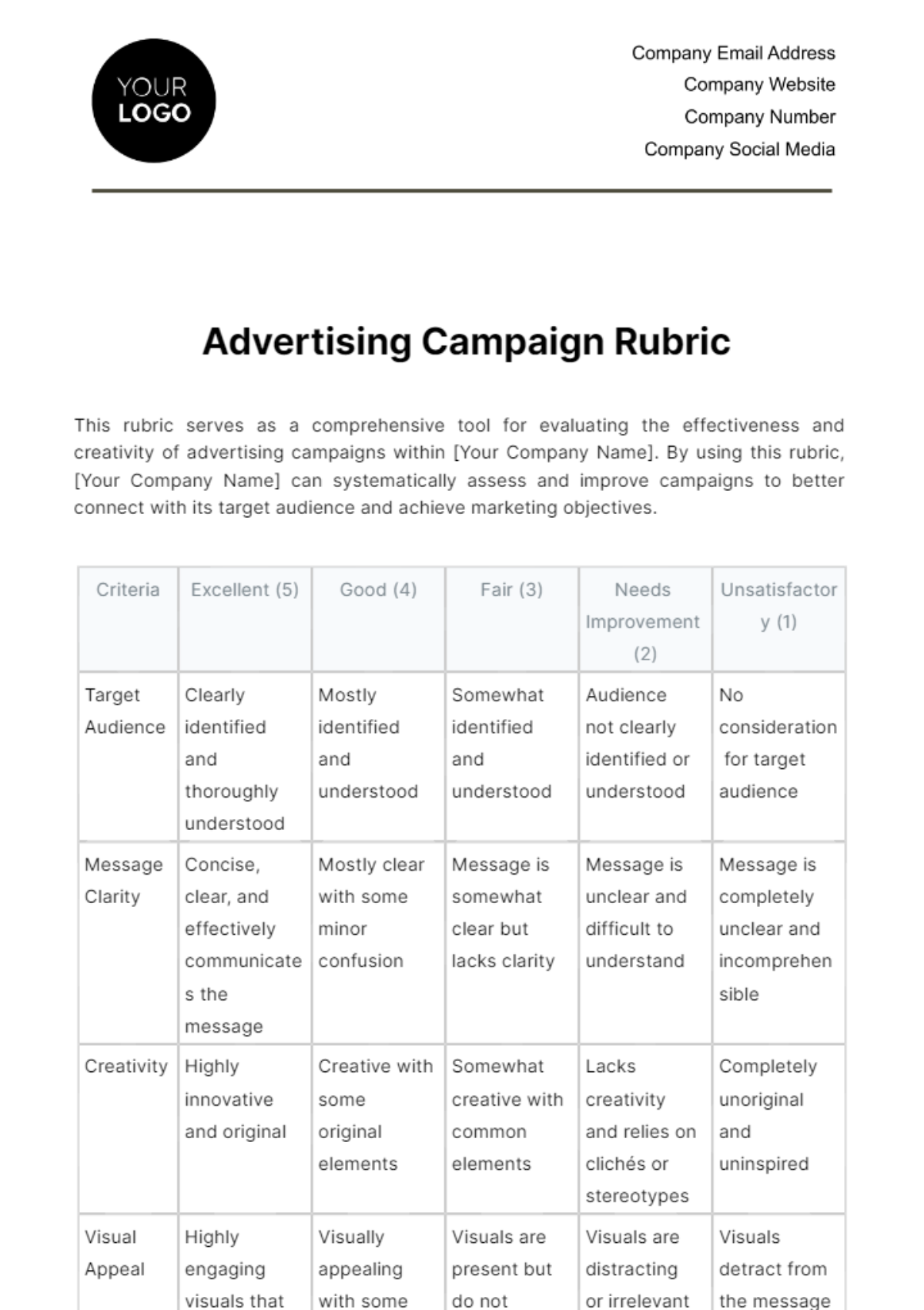 Free Advertising Campaign Rubric Template
