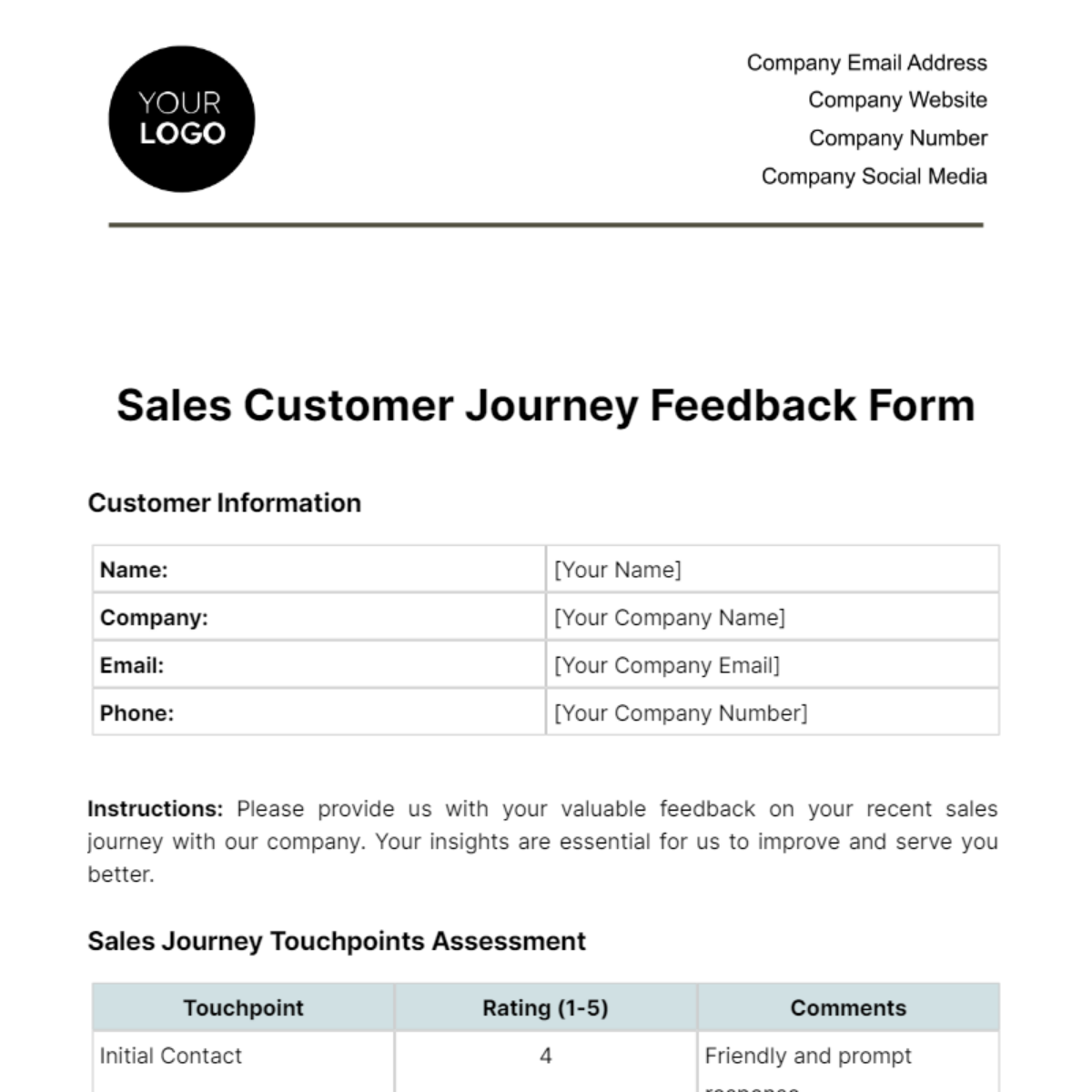 Sales Customer Journey Feedback Form Template