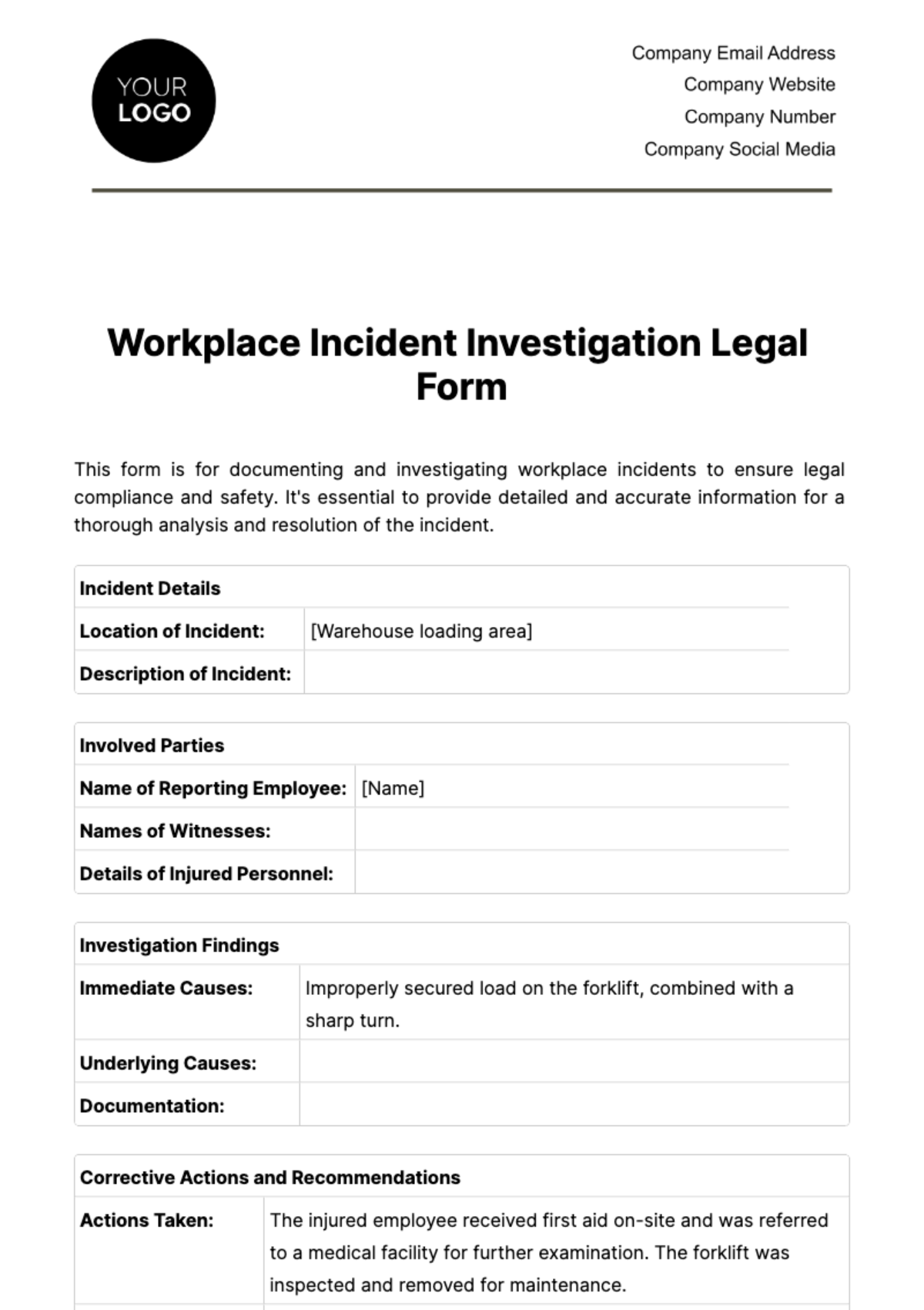 Workplace Incident Investigation Legal Form Template