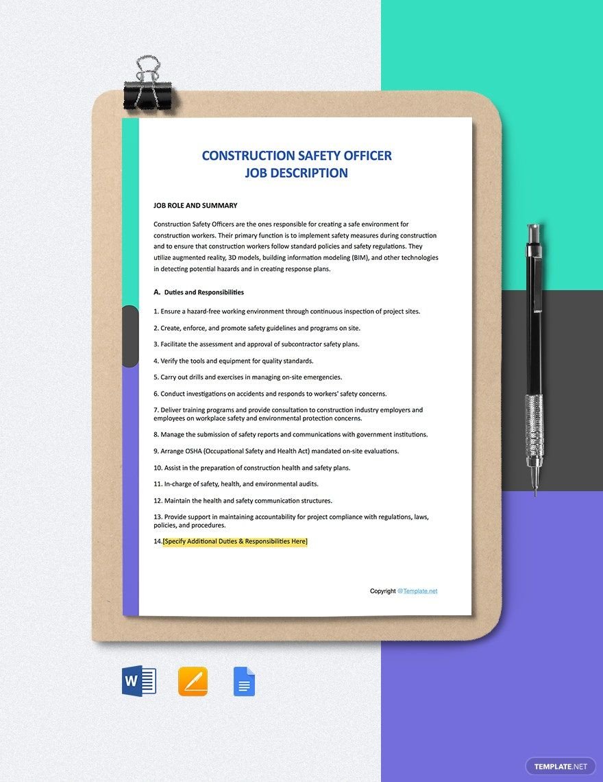 Construction Safety Officer Job Ad and Description Template
