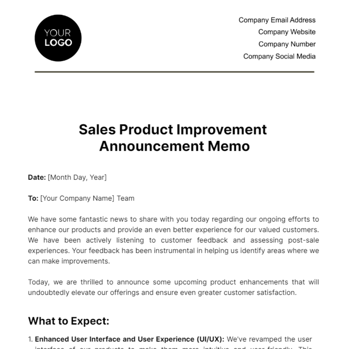 Sales Product Improvement Announcement Memo Template
