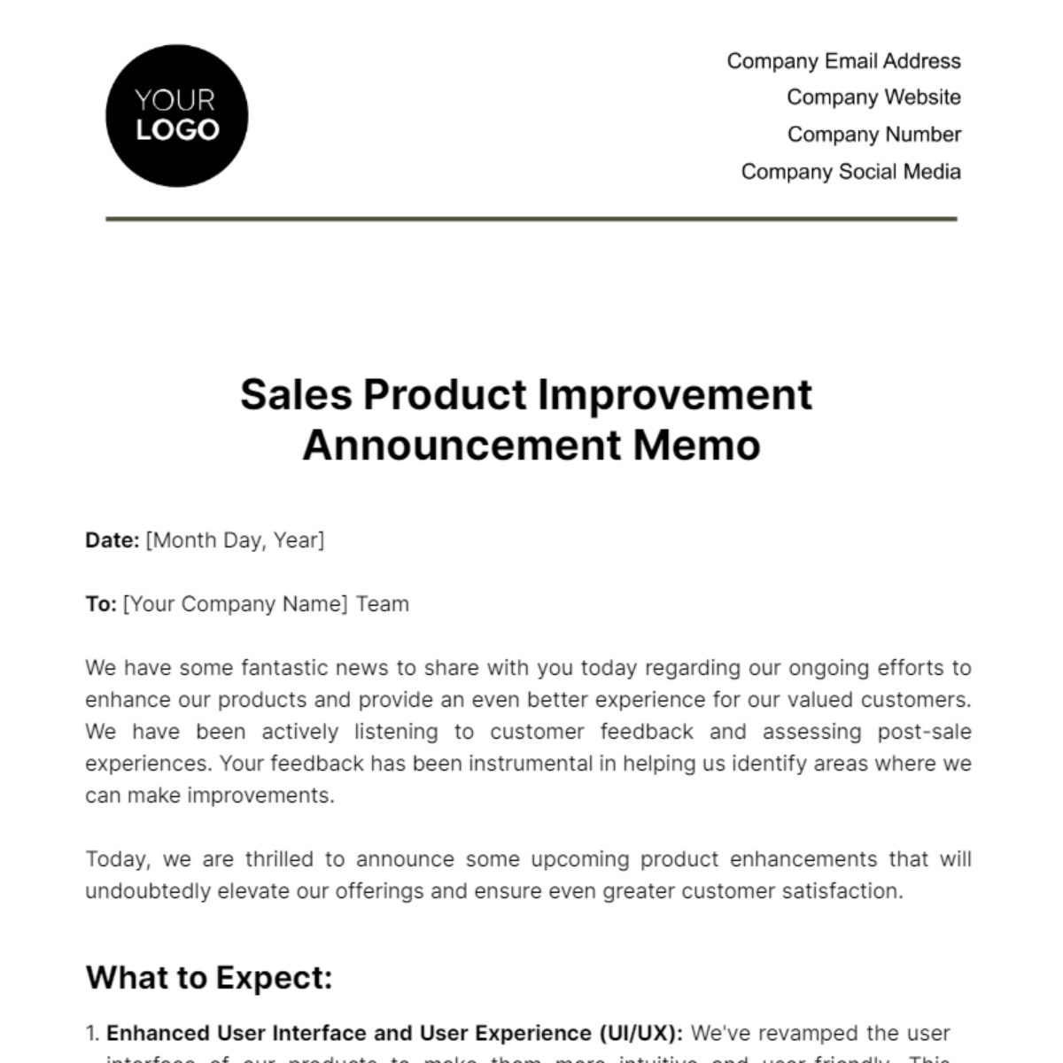 Sales Product Improvement Announcement Memo Template - Edit Online & Download