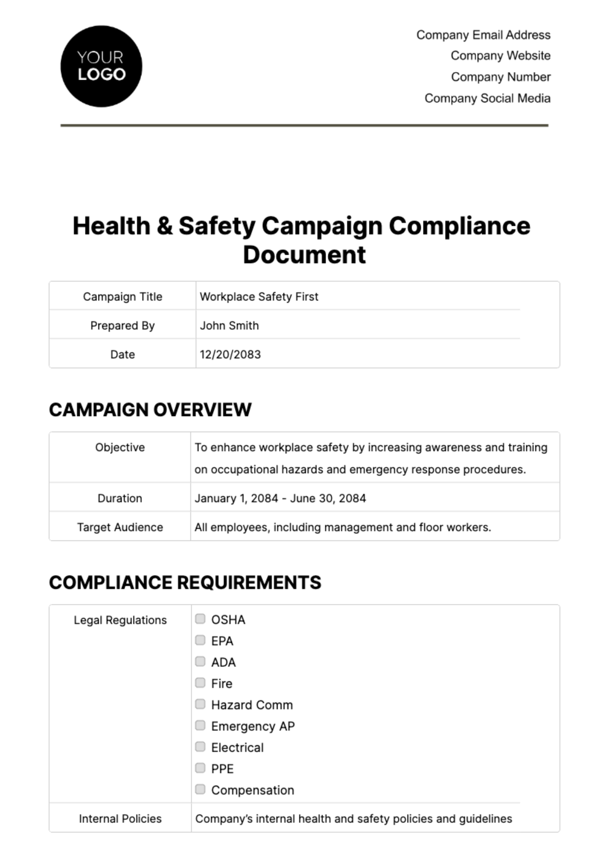 Health & Safety Campaign Compliance Document Template - Edit Online & Download