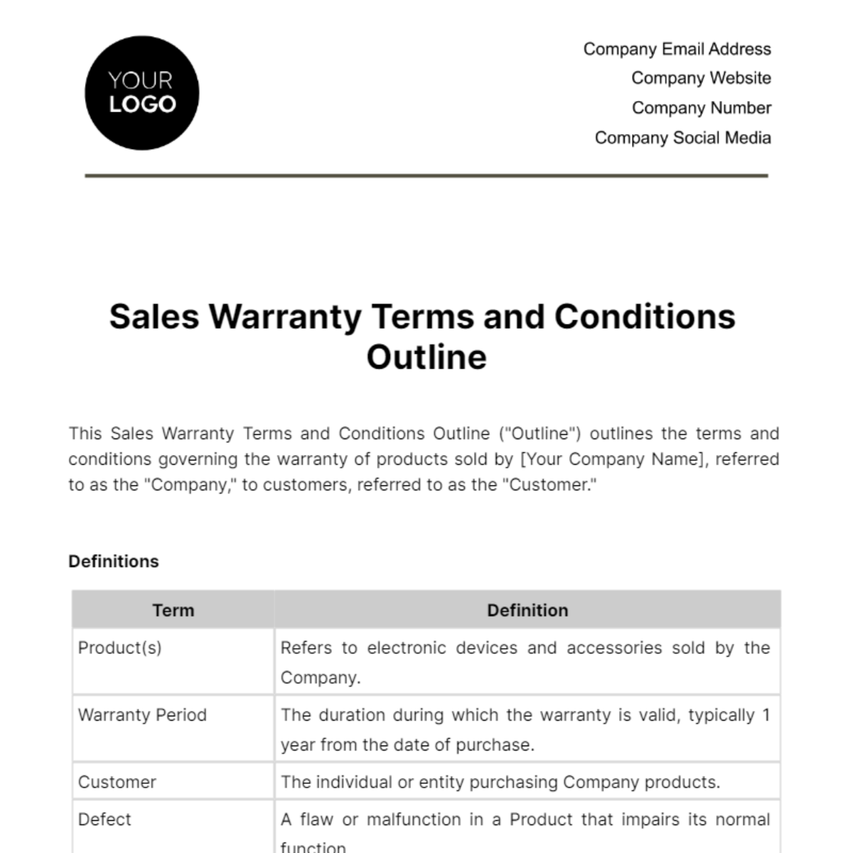 Sales Warranty Terms and Conditions Outline Template